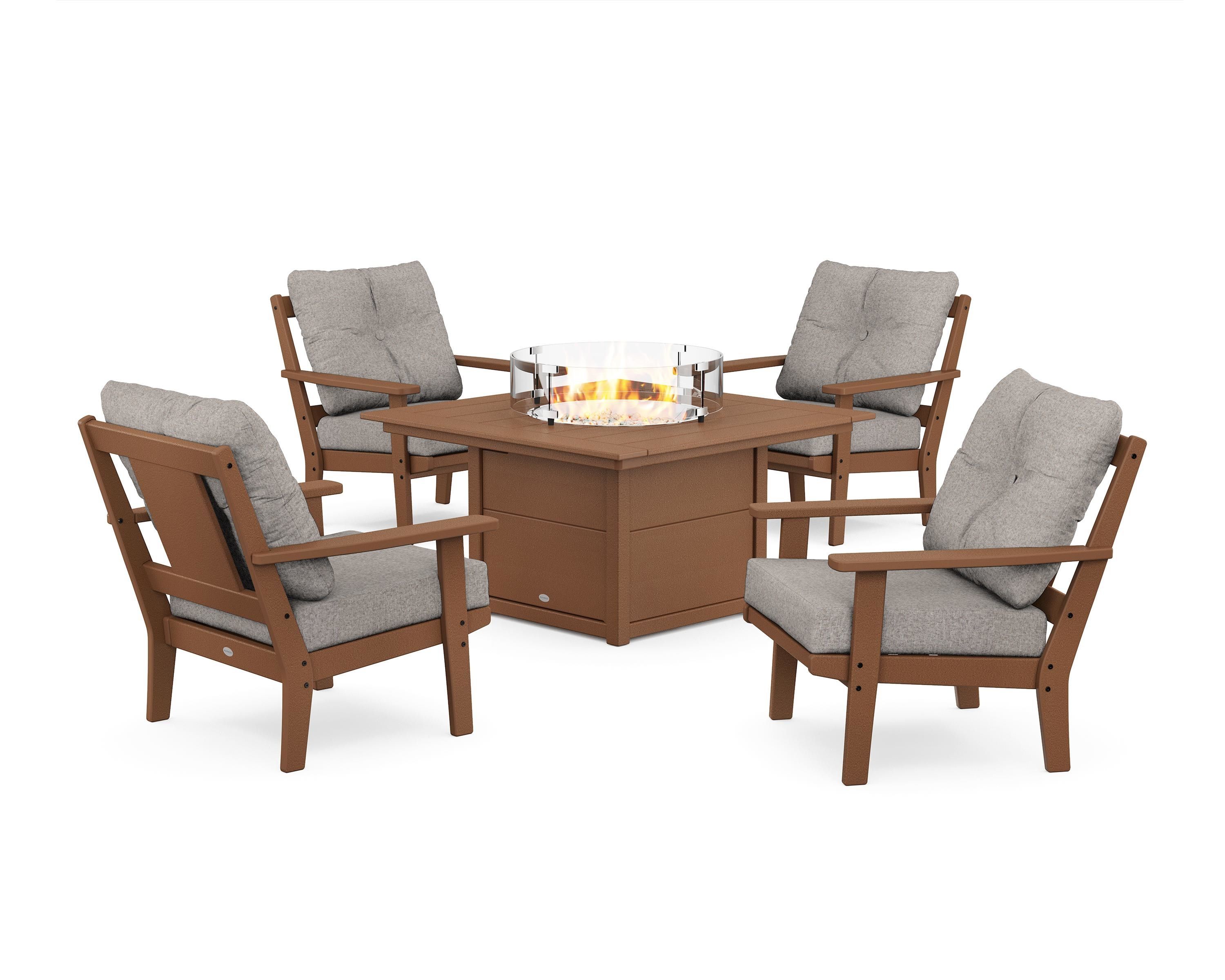 POLYWOOD Prairie 5-Piece Deep Seating Set with Fire Pit Table in Teak / Weathered Tweed