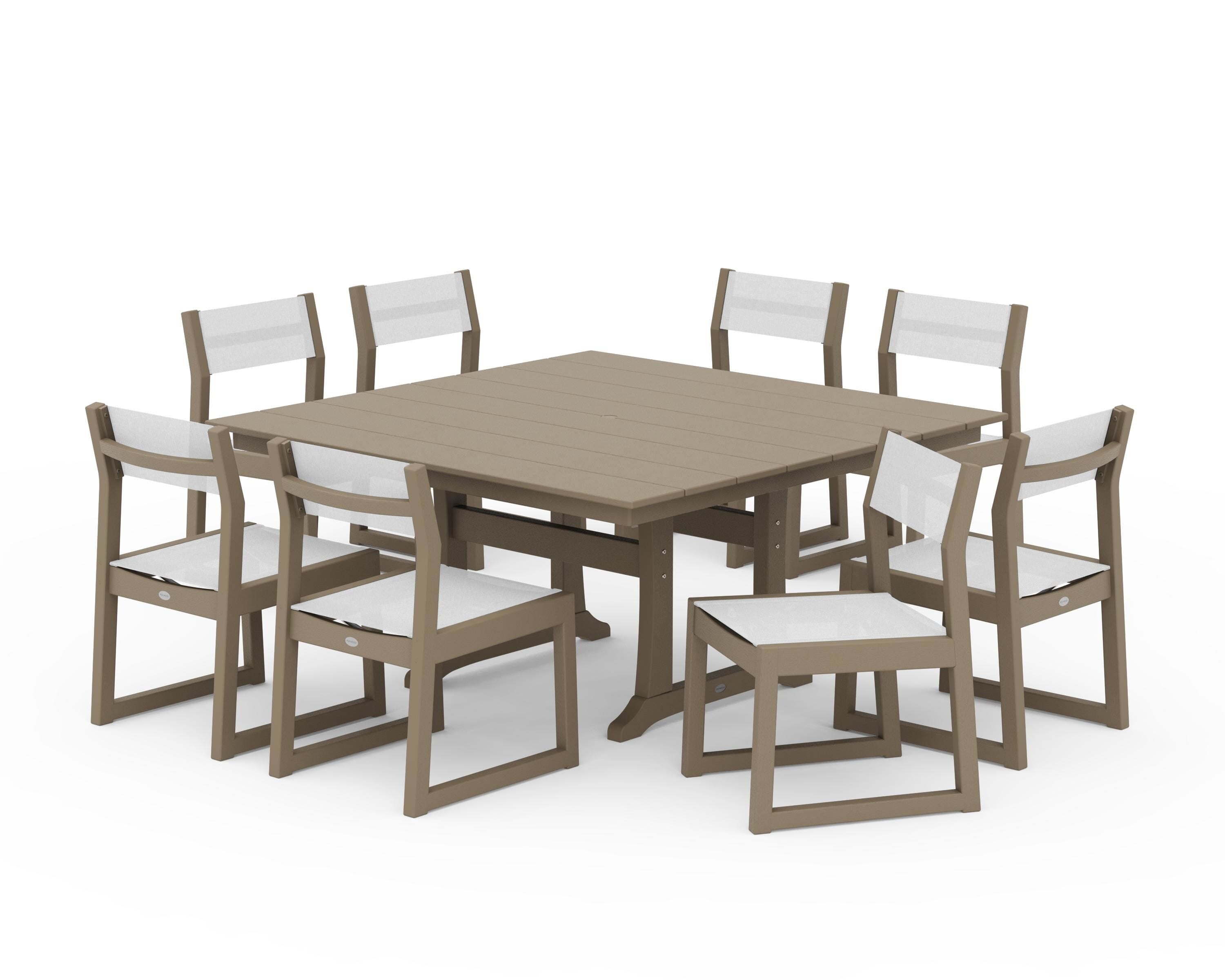 POLYWOOD EDGE Sling Side Chair 9-Piece Farmhouse Trestle Dining Set in Vintage Sahara / White Sling
