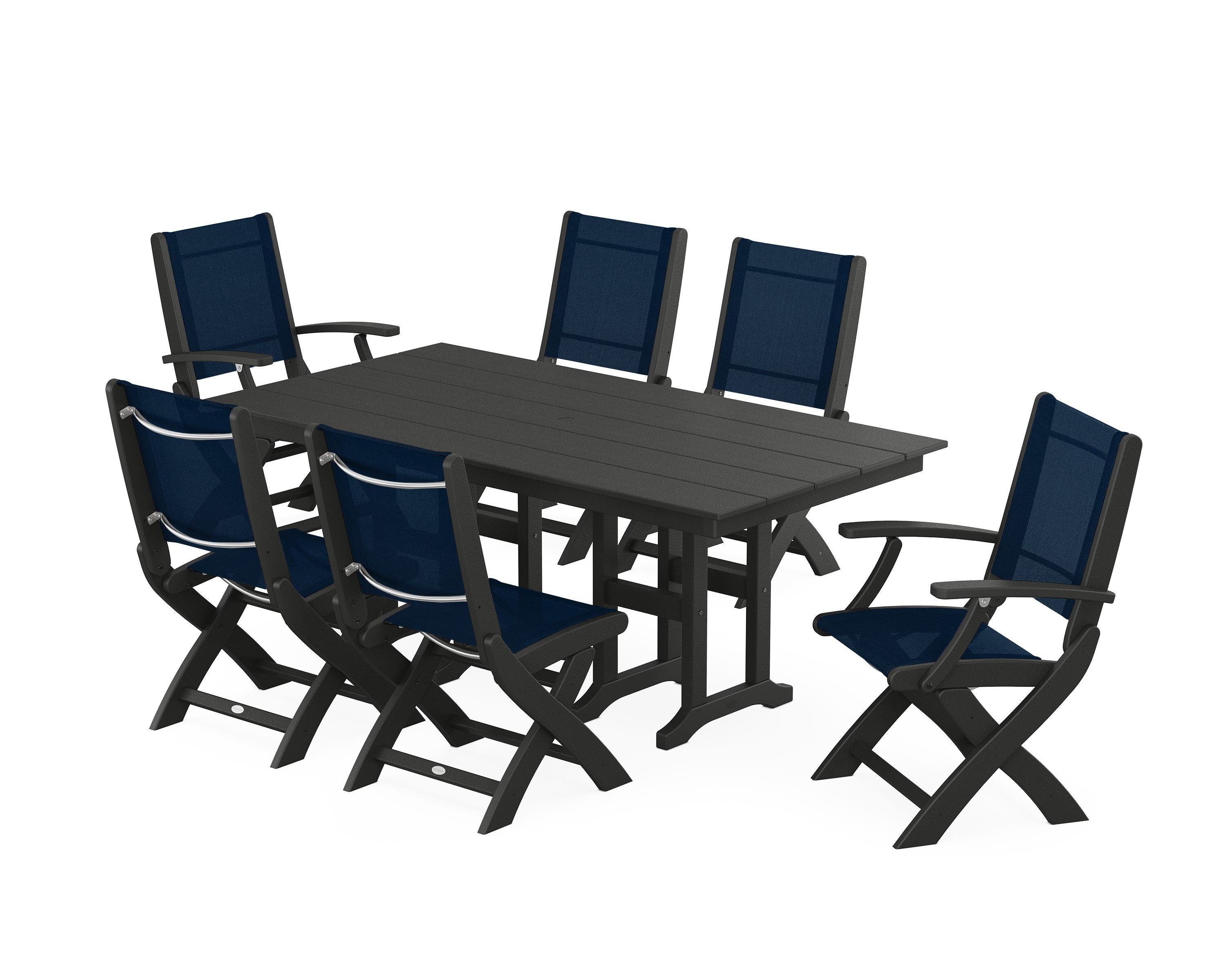 POLYWOOD Coastal Folding Chair 7-Piece Farmhouse Dining Set in Black / Navy Blue Sling