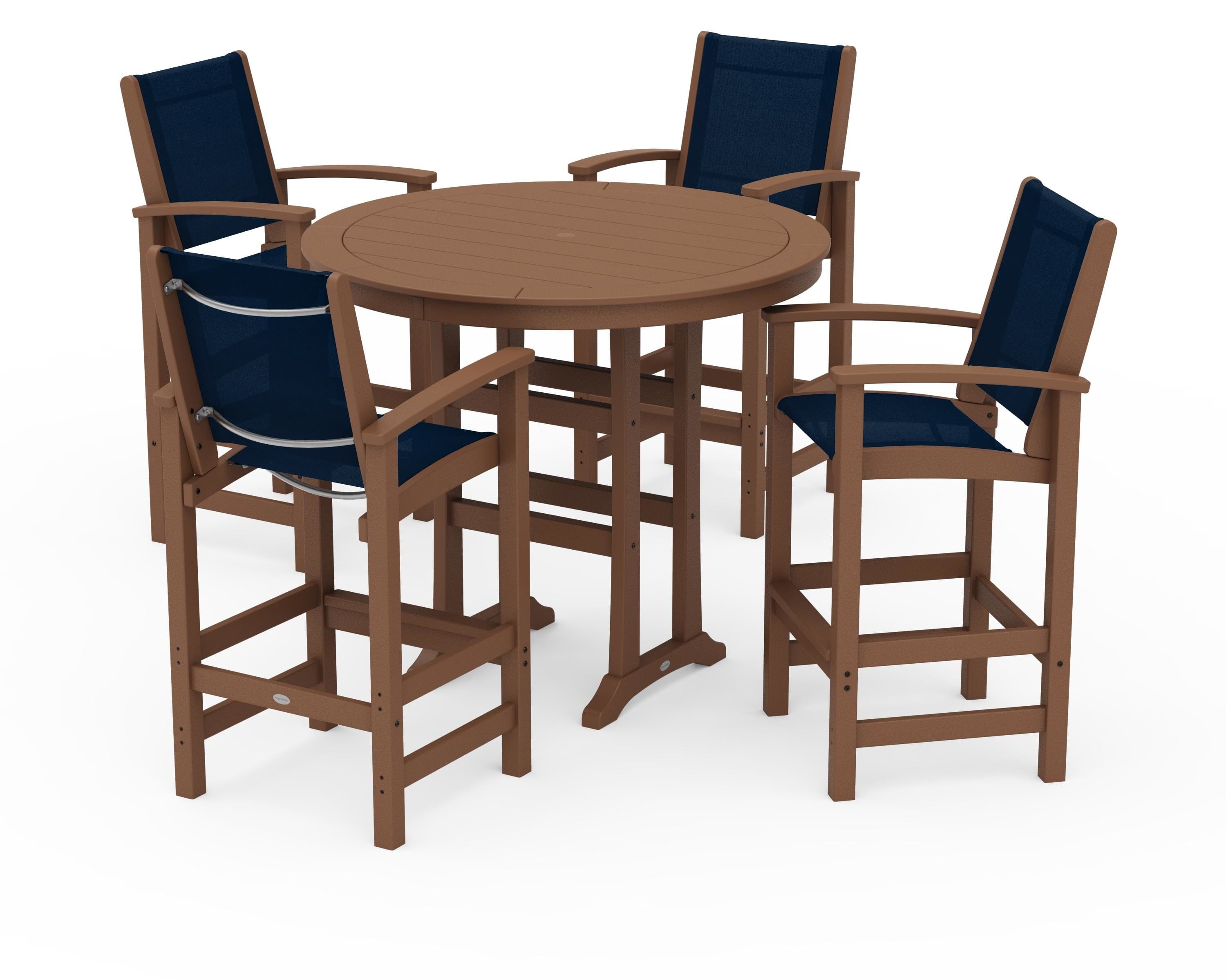 POLYWOOD Coastal 5-Piece Nautical Trestle Bar Set in Teak / Navy Blue Sling