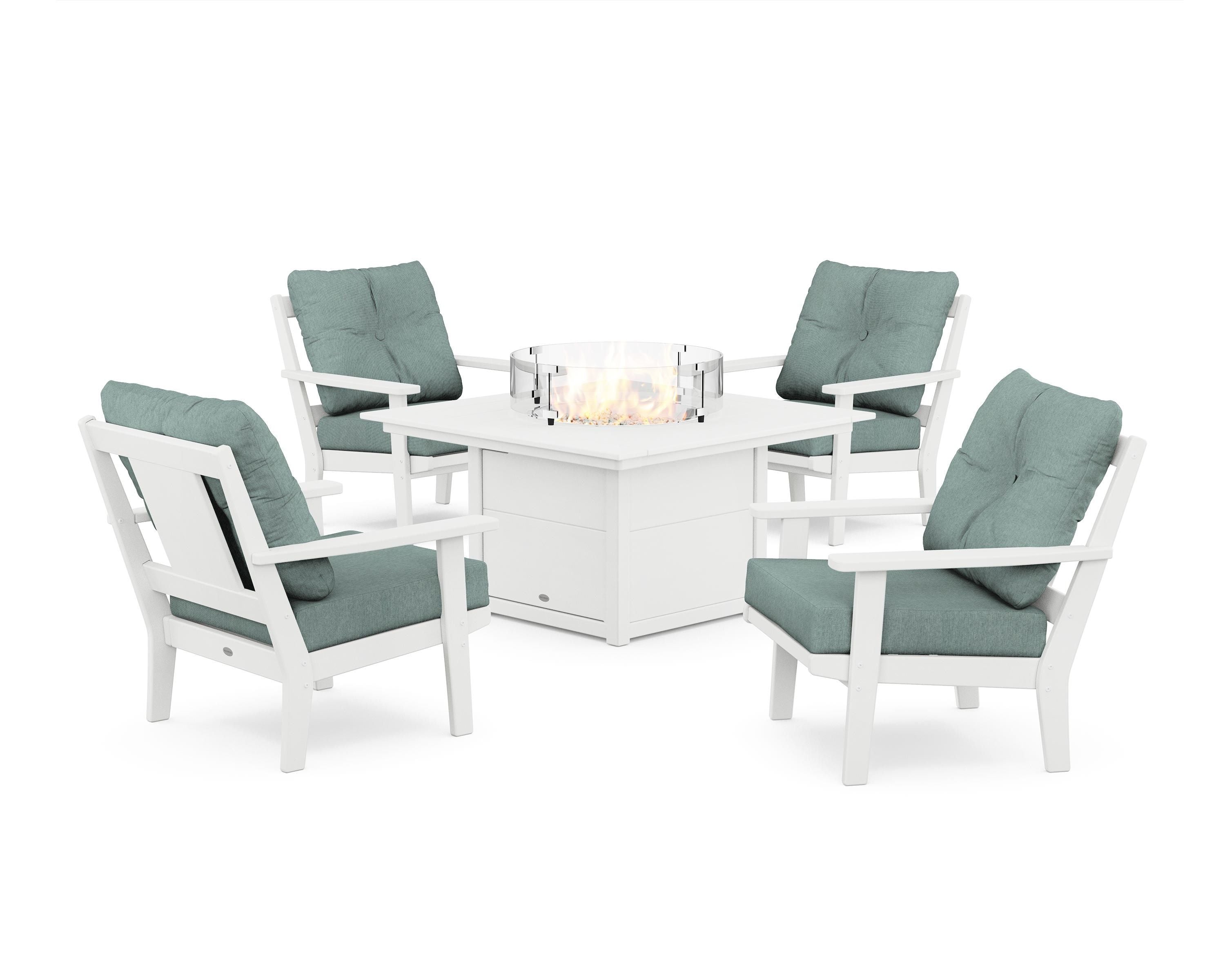 POLYWOOD Prairie 5-Piece Deep Seating Set with Fire Pit Table in White / Glacier Spa