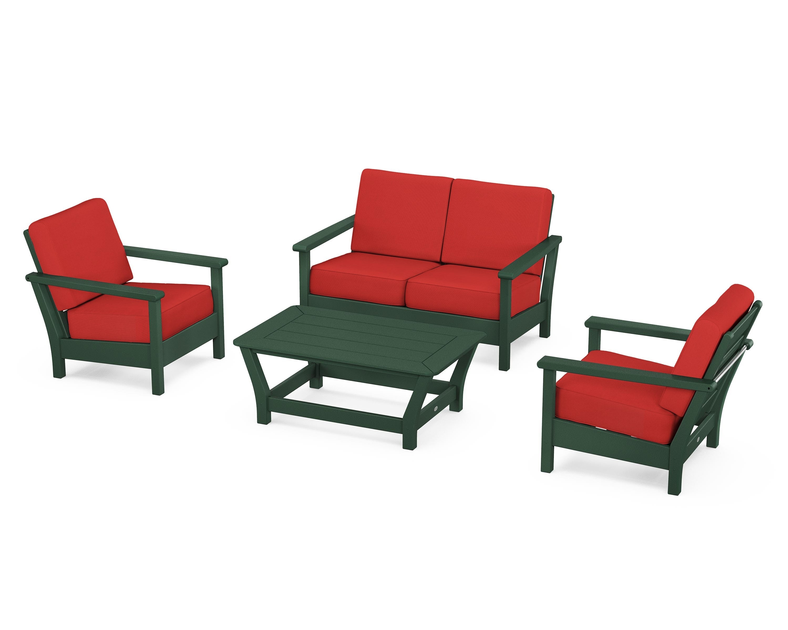 POLYWOOD Harbour 4-Piece Deep Seating Set in Green / Crimson Linen