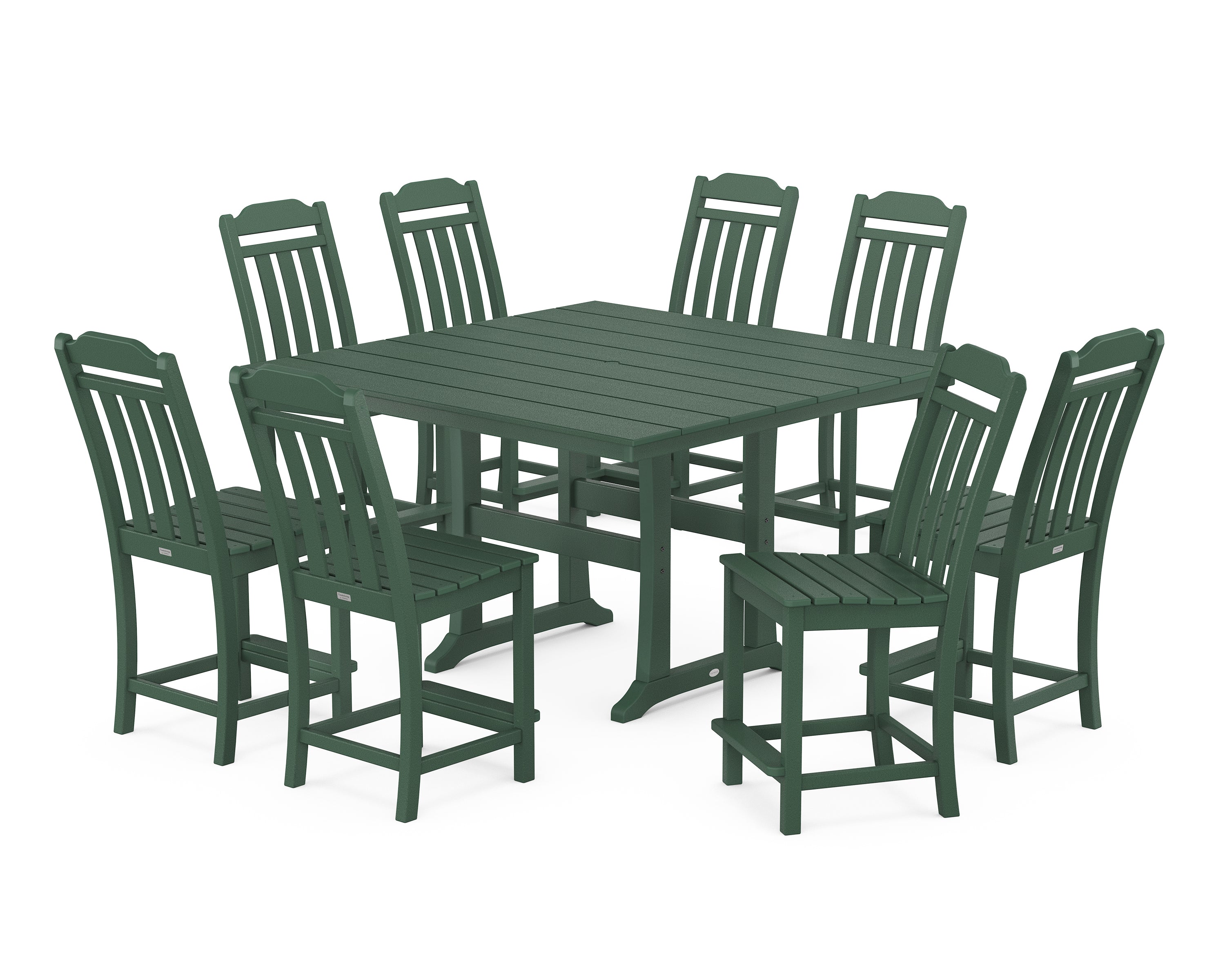 POLYWOOD Country Living 9-Piece Square Farmhouse Side Chair Counter Set with Trestle Legs in Green