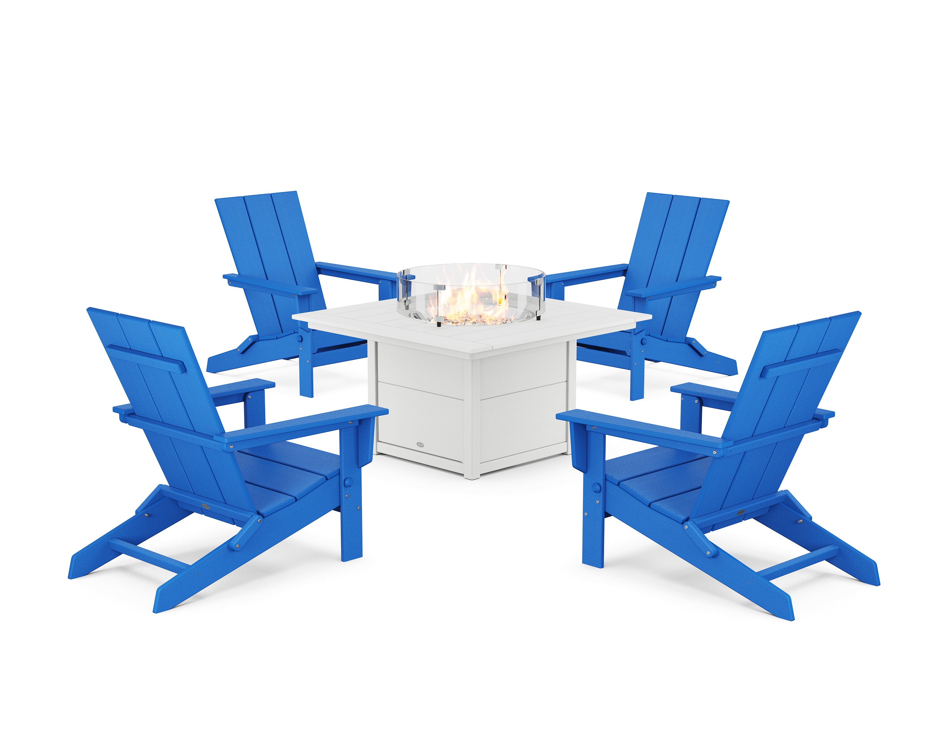 POLYWOOD® 5-Piece Modern Studio Folding Adirondack Conversation Set with Fire Pit Table in Pacific Blue / White