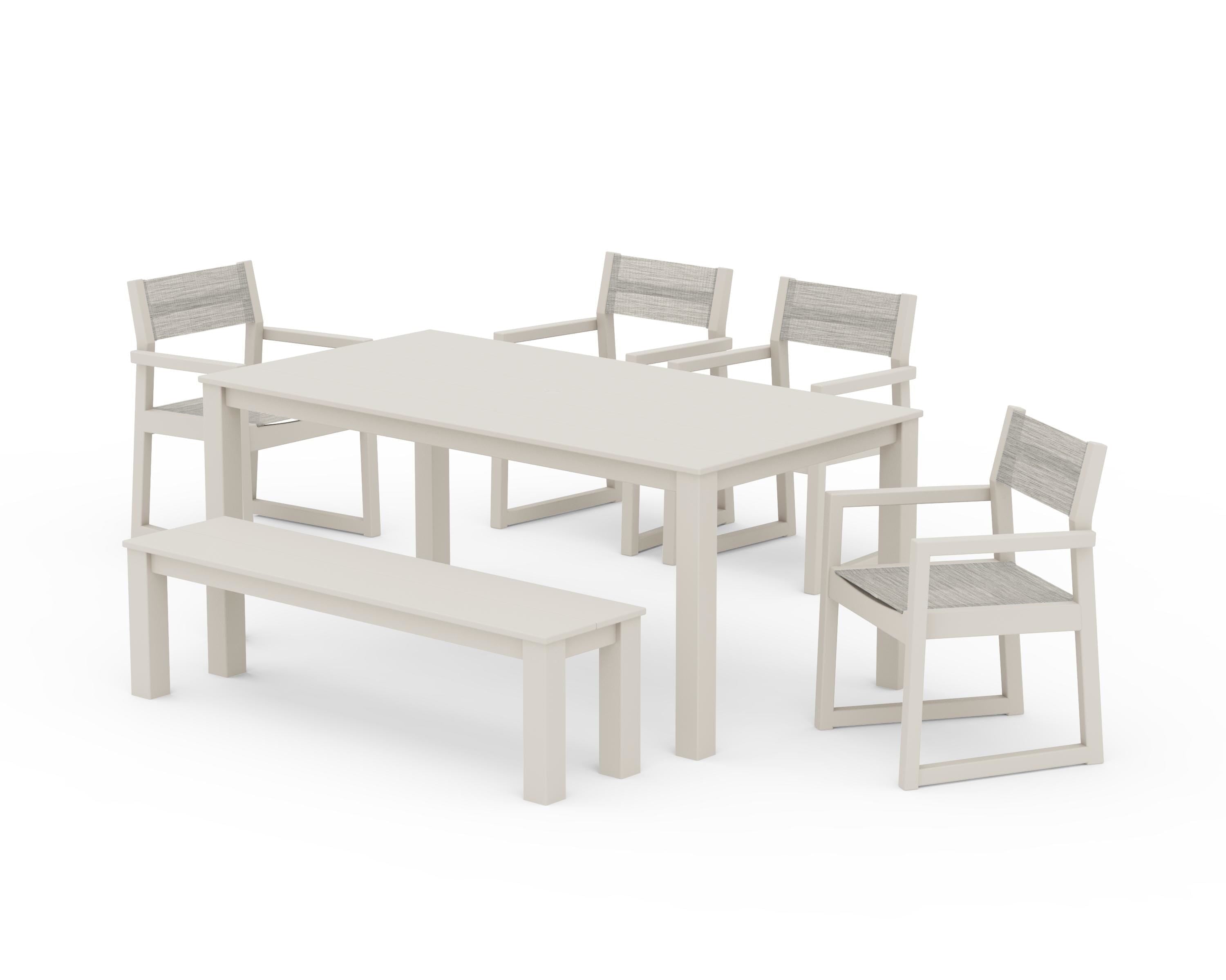 POLYWOOD EDGE Sling Arm Chair 6-Piece Parsons Dining Set with Bench in Sand / Birch Sling