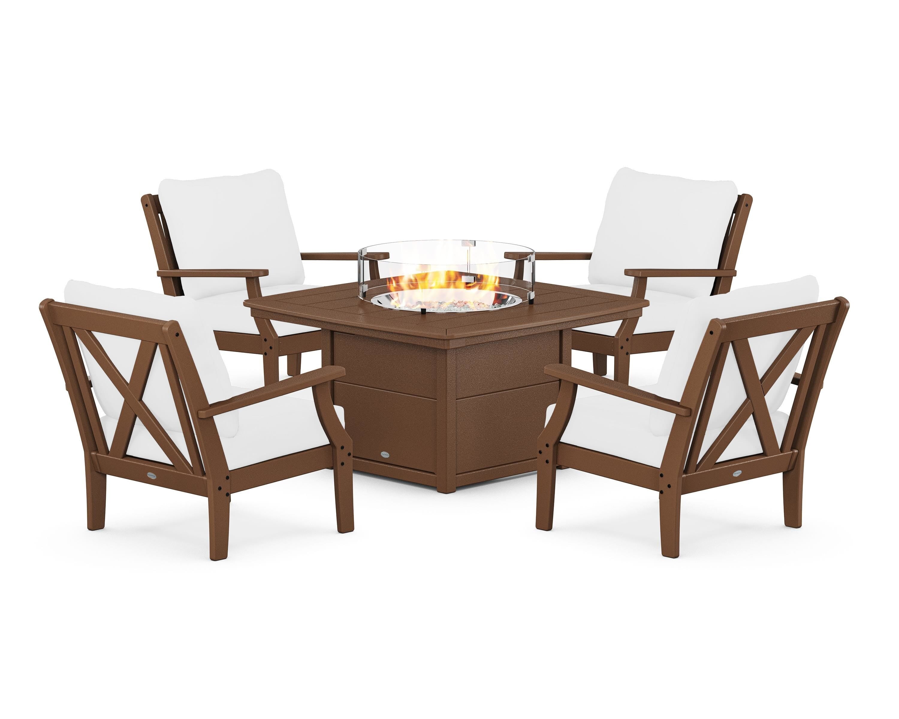 POLYWOOD Braxton 5-Piece Deep Seating Conversation Set with Fire Pit Table in Teak / Natural