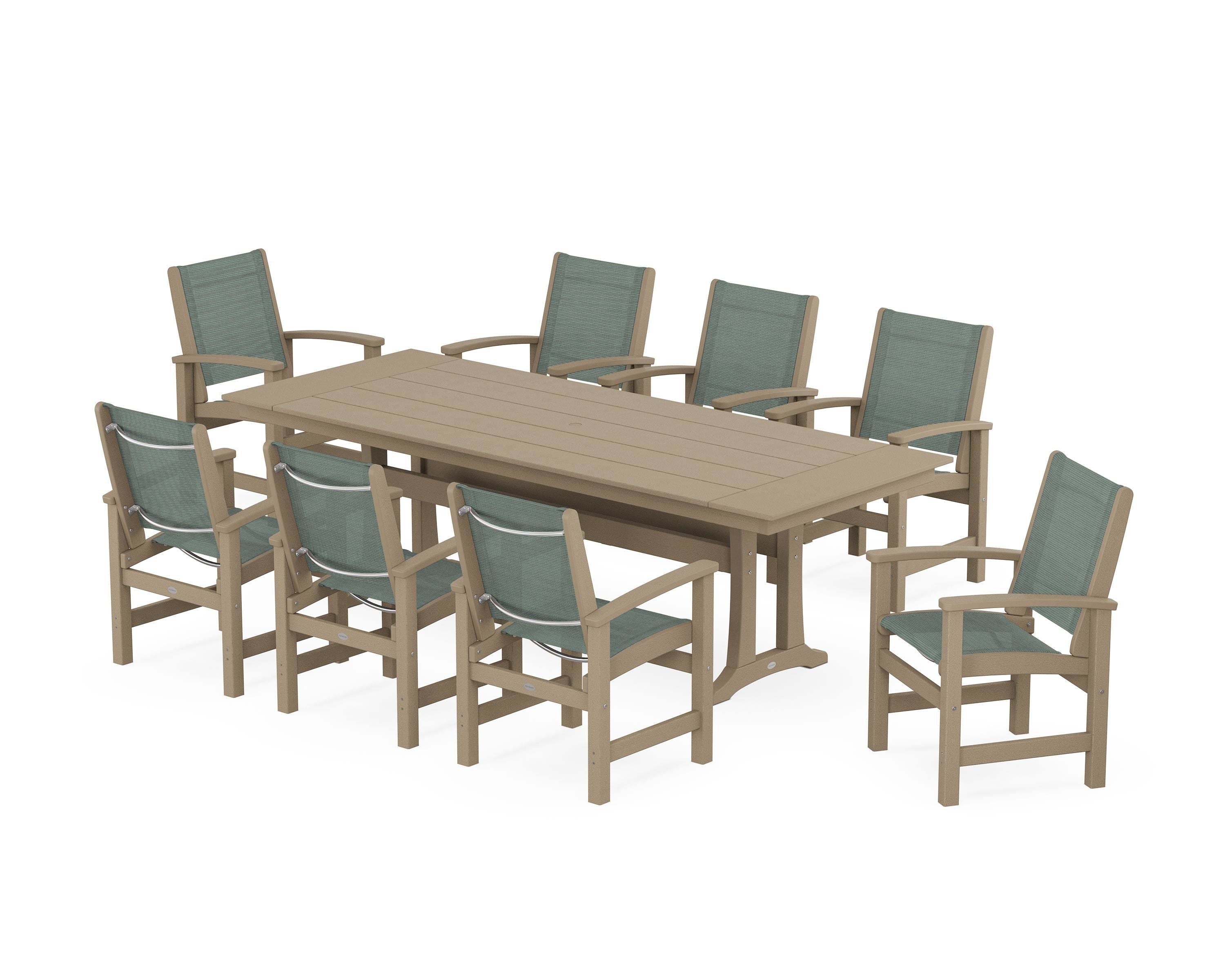 POLYWOOD Coastal 9-Piece Farmhouse Dining Set with Trestle Legs in Vintage Sahara / Dupioni Sea Mist Sling