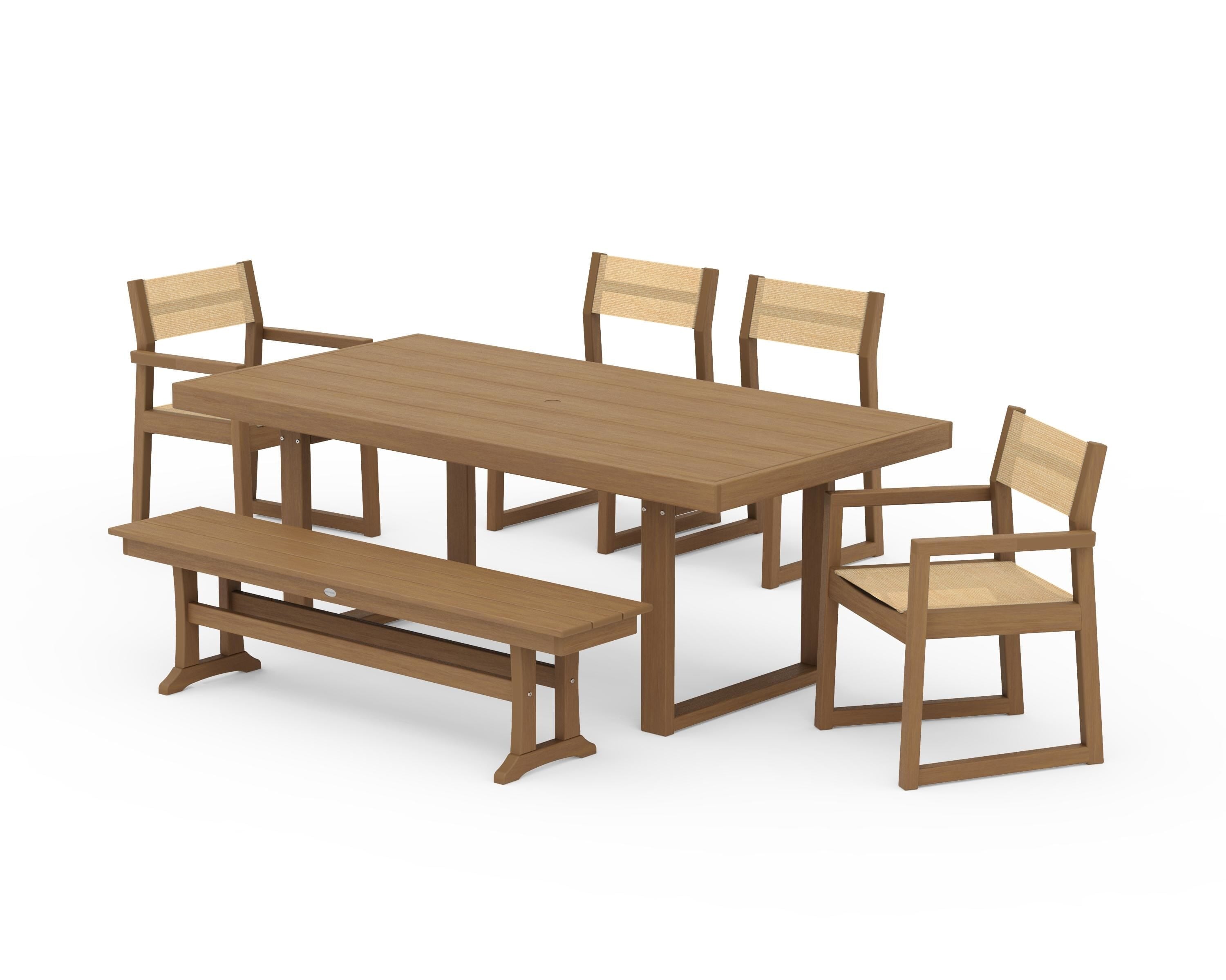 POLYWOOD EDGE Sling 6-Piece Dining Set with Bench in Natural / Dupioni Apricot Sling