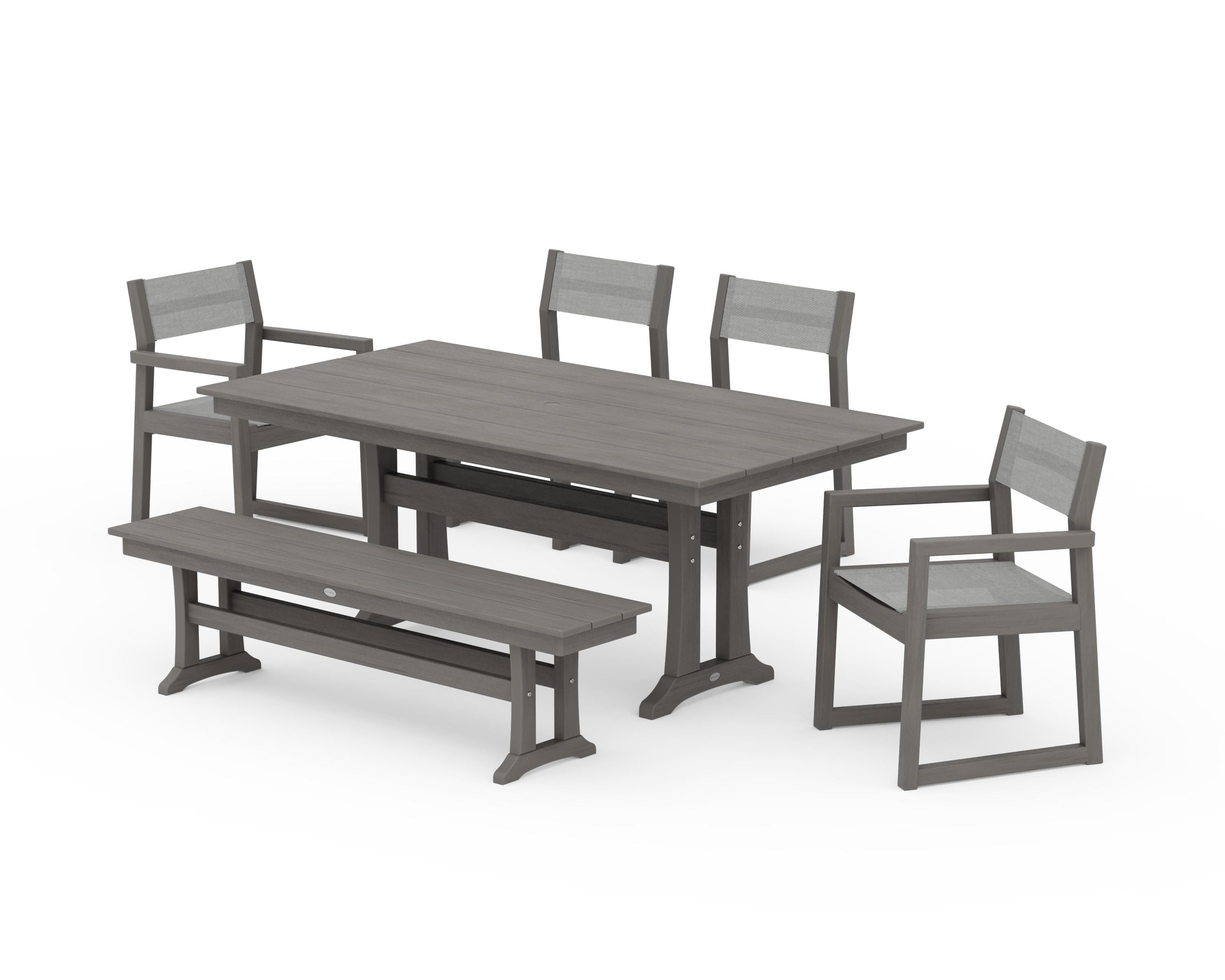 POLYWOOD EDGE Sling 6-Piece Farmhouse Dining Set With Trestle Legs in Driftwood / Metallic Sling
