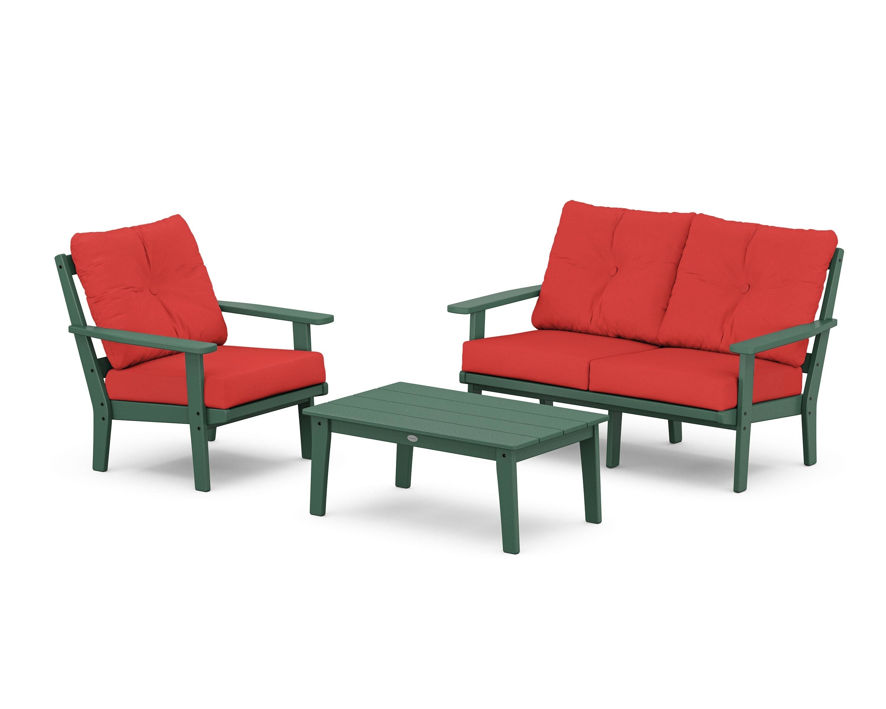 POLYWOOD Oxford 3-Piece Deep Seating Set with Loveseat in Green / Crimson Linen