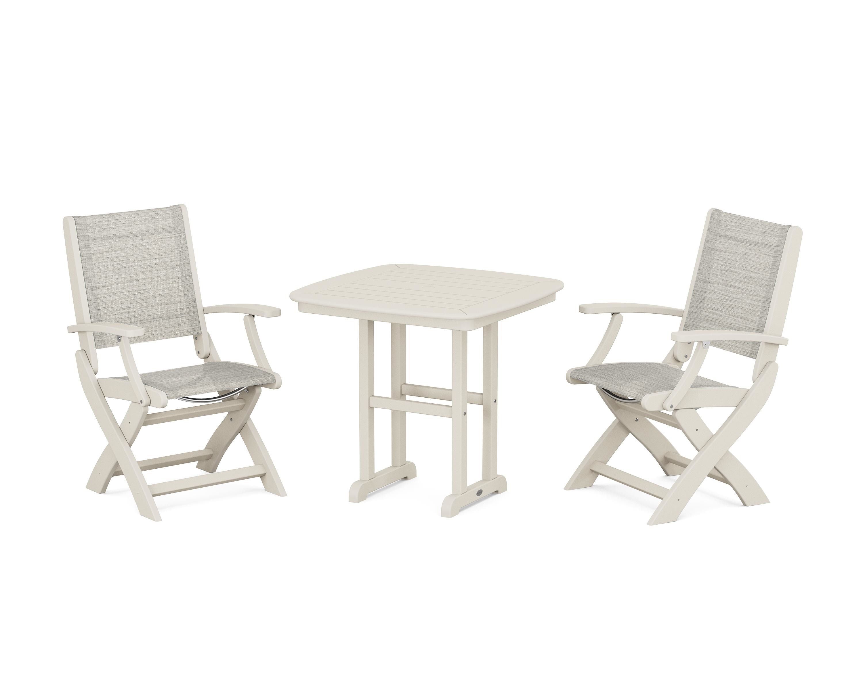 POLYWOOD Coastal Folding Chair 3-Piece Dining Set in Sand / Birch Sling