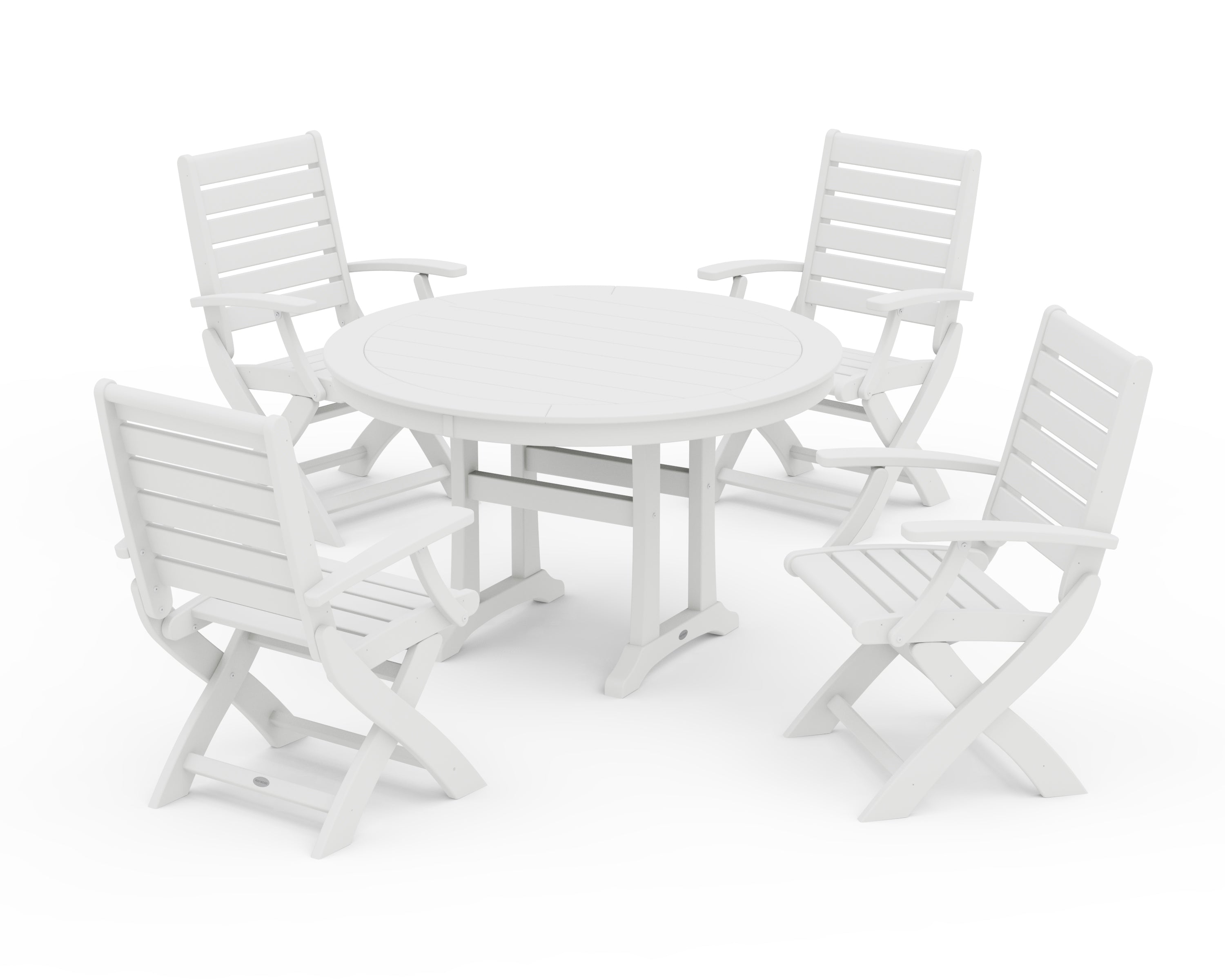 POLYWOOD Signature Folding Chair 5-Piece Round Dining Set with Trestle Legs in White