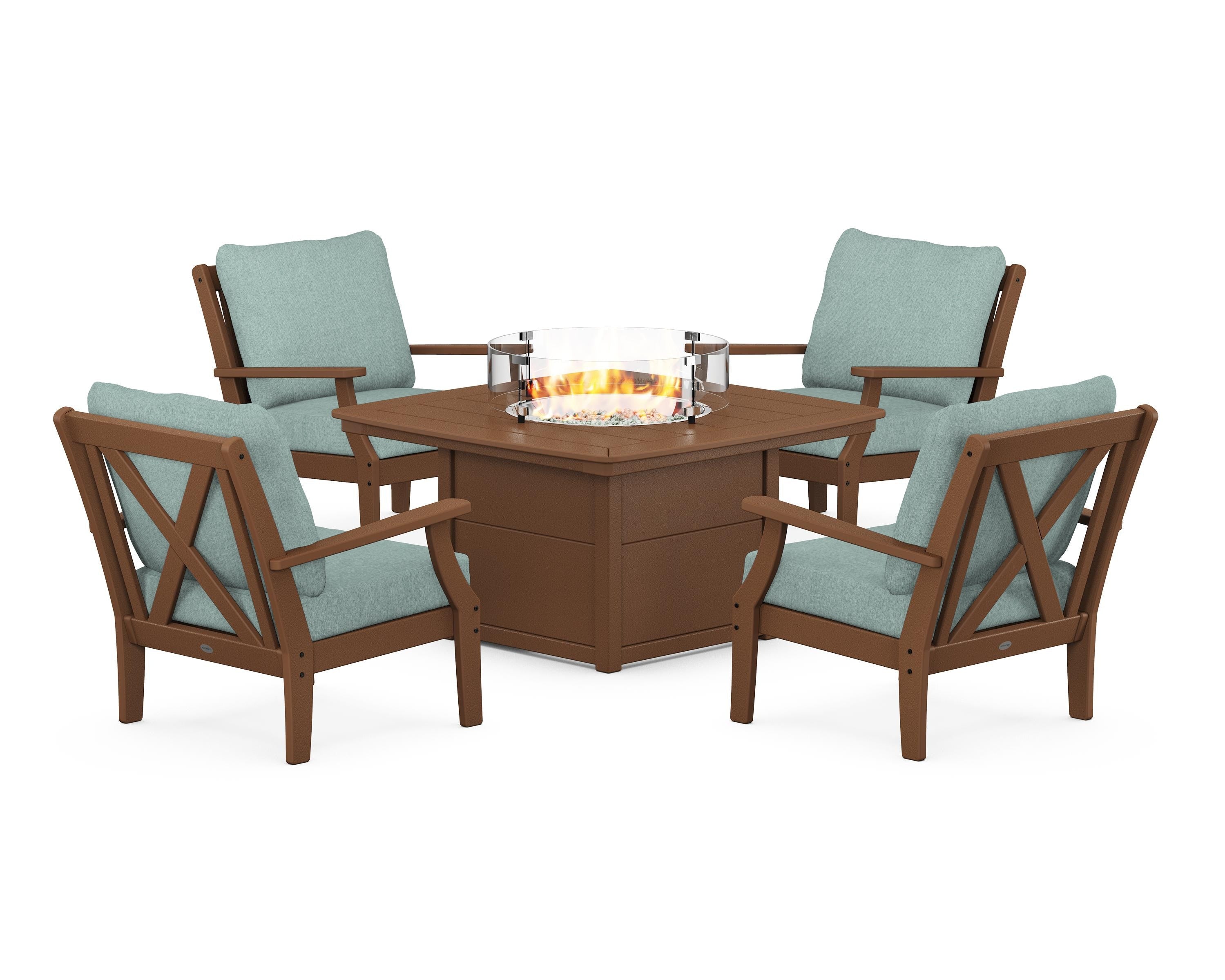 POLYWOOD Braxton 5-Piece Deep Seating Conversation Set with Fire Pit Table in Teak / Glacier Spa