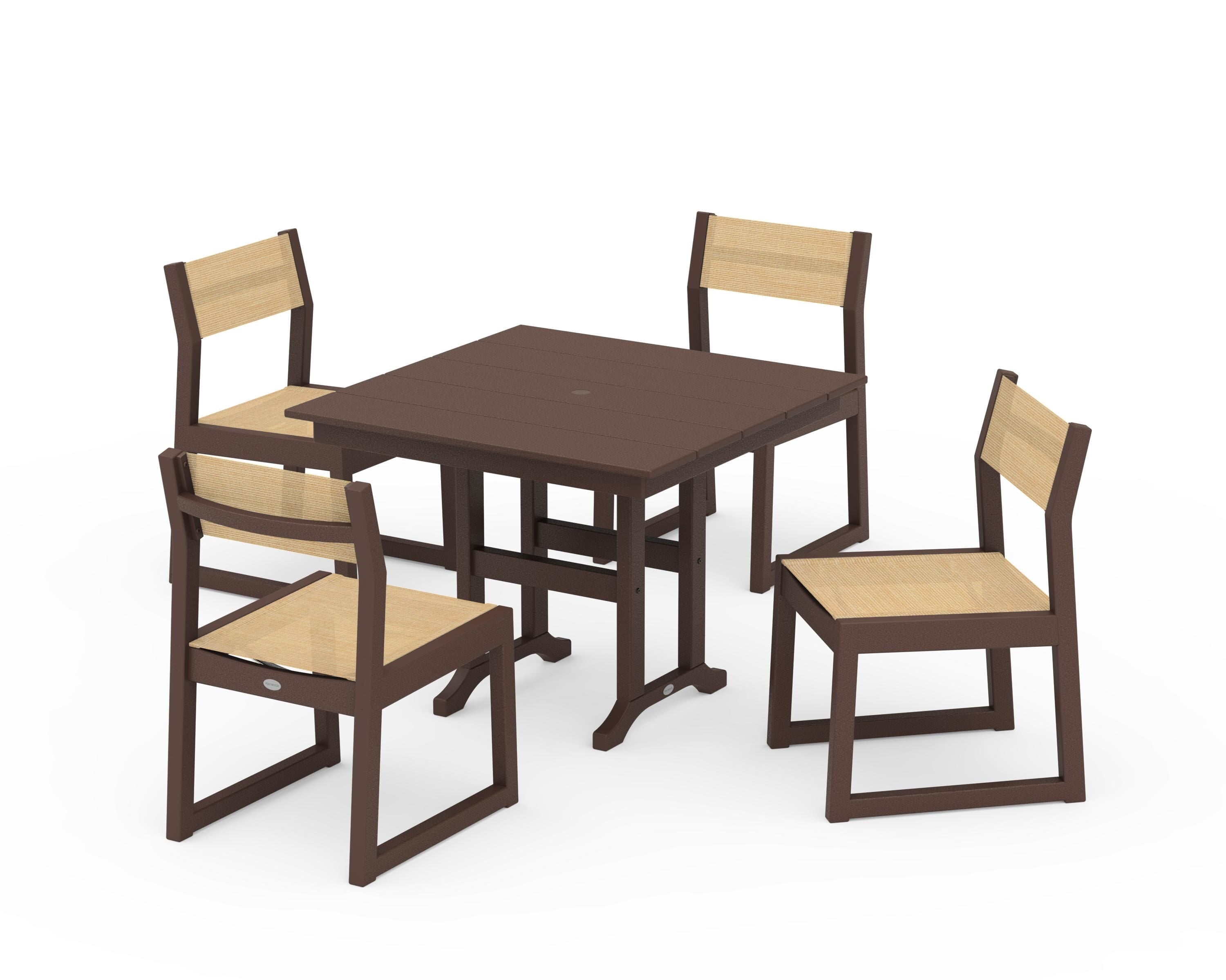 POLYWOOD EDGE Sling Side Chair 5-Piece Farmhouse Dining Set in Mahogany / Dupioni Apricot Sling