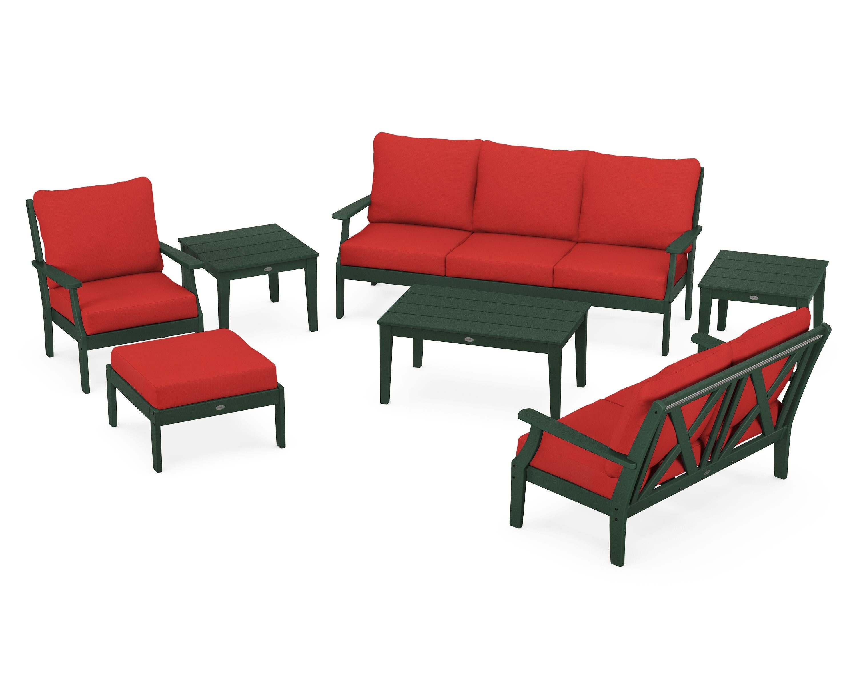 POLYWOOD Braxton 7-Piece Deep Seating Set in Green / Crimson Linen