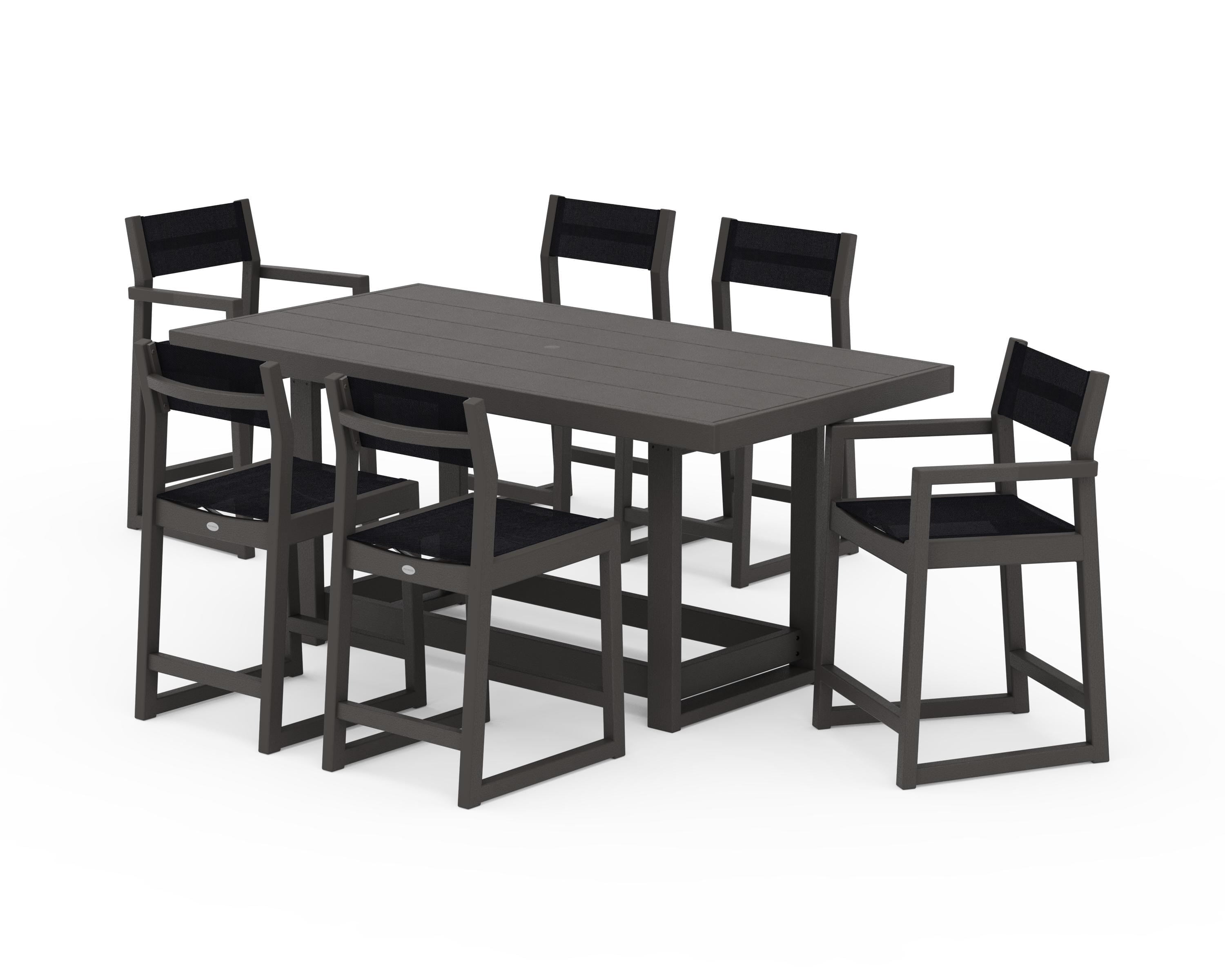POLYWOOD EDGE Sling 7-Piece Counter Table Set in Vintage Coffee / Black Sling