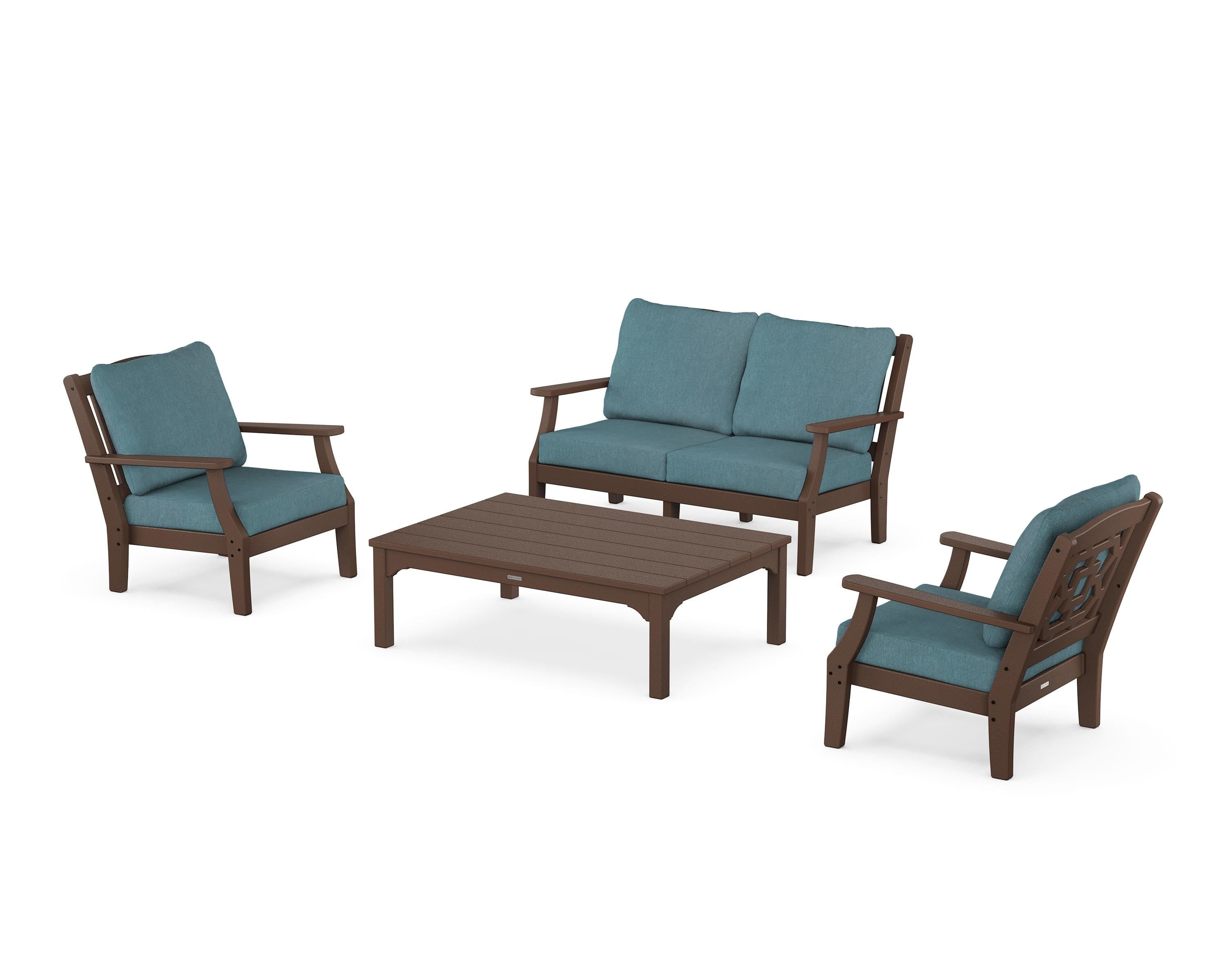 Martha Stewart by POLYWOOD Chinoiserie 4-Piece Deep Seating Set with Loveseat in Mahogany / Ocean Teal