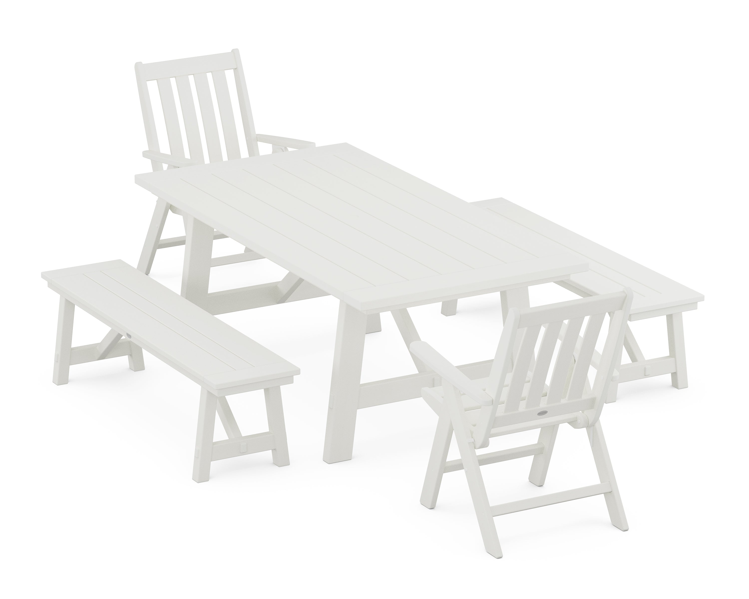 POLYWOOD® Vineyard Folding Chair 5-Piece Rustic Farmhouse Dining Set With Benches in Vintage White