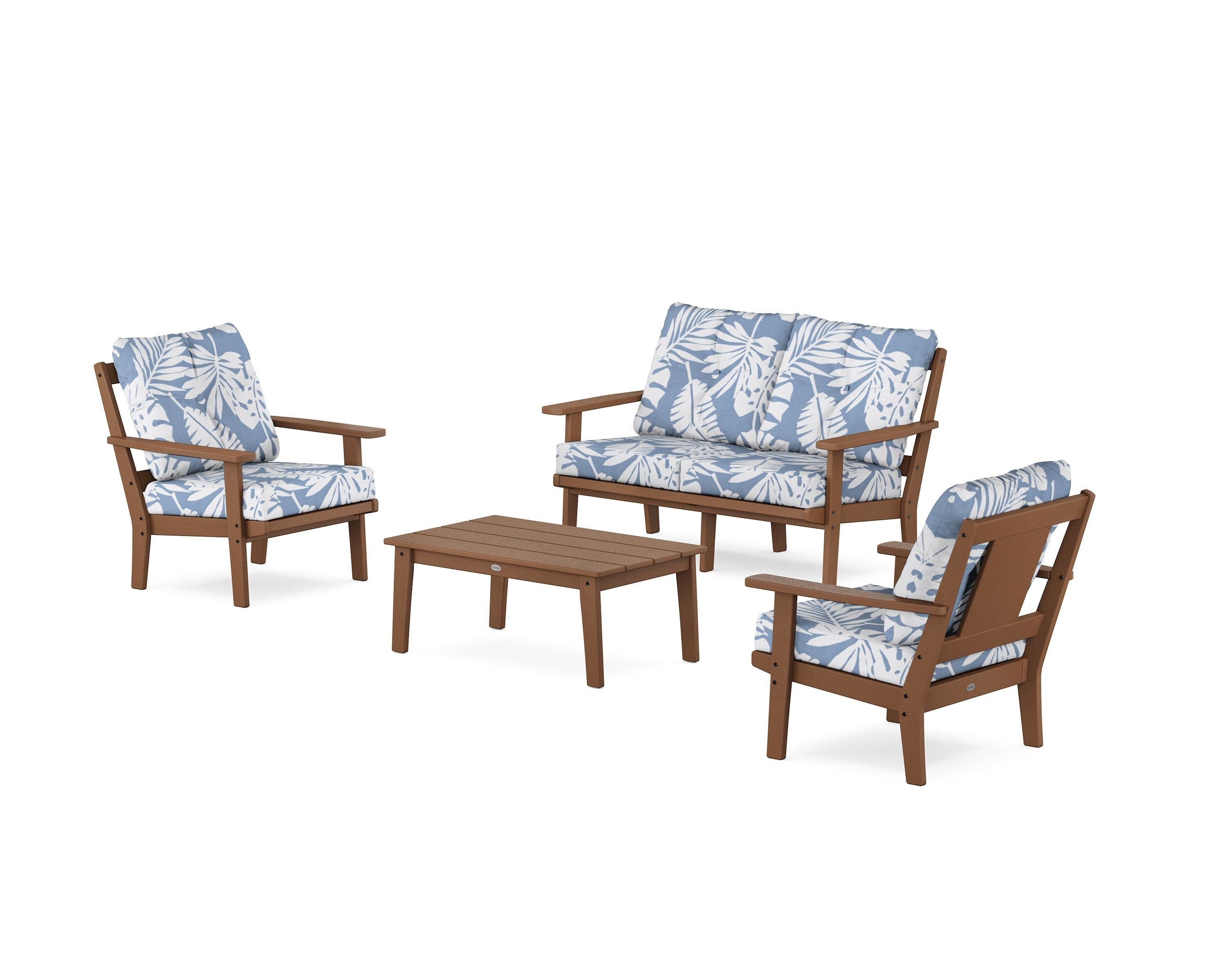 POLYWOOD Prairie 4-Piece Deep Seating Set with Loveseat in Teak / Leaf Sky Blue