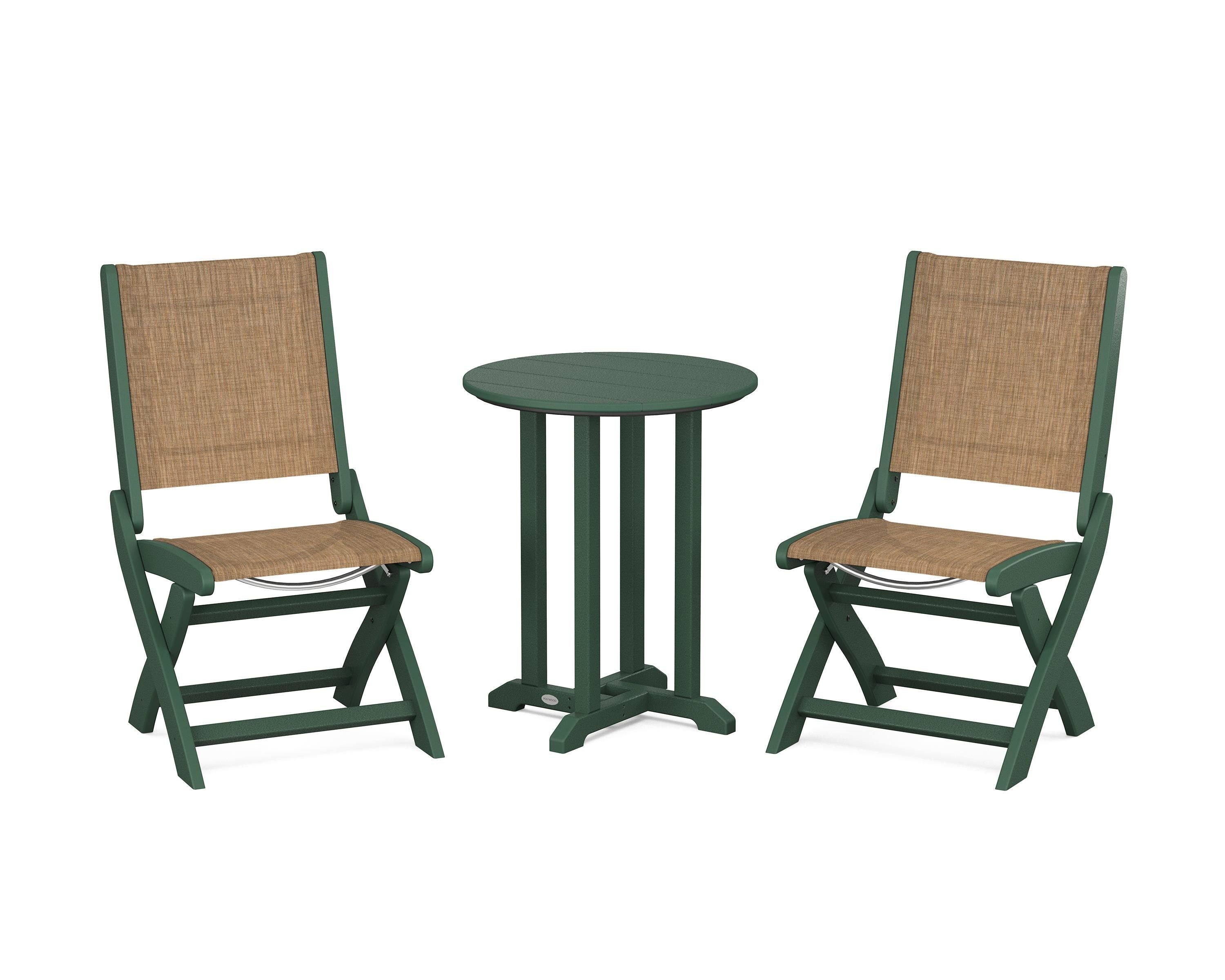 POLYWOOD Coastal Folding Side Chair 3-Piece Round Bistro Dining Set in Green / Burlap Sling