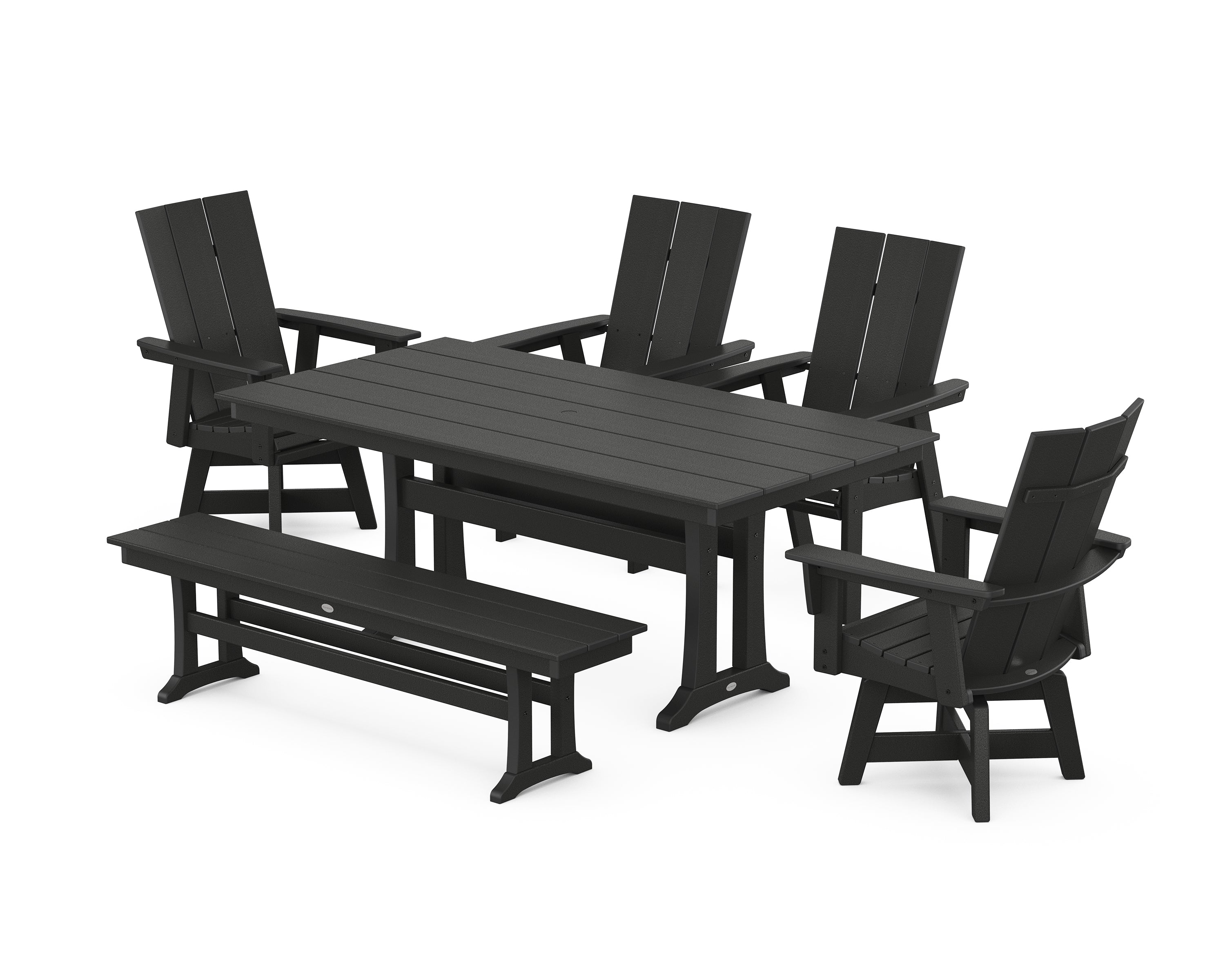 POLYWOOD® Modern Curveback Adirondack Swivel Chair 6-Piece Farmhouse Dining Set With Trestle Legs and Bench in Black