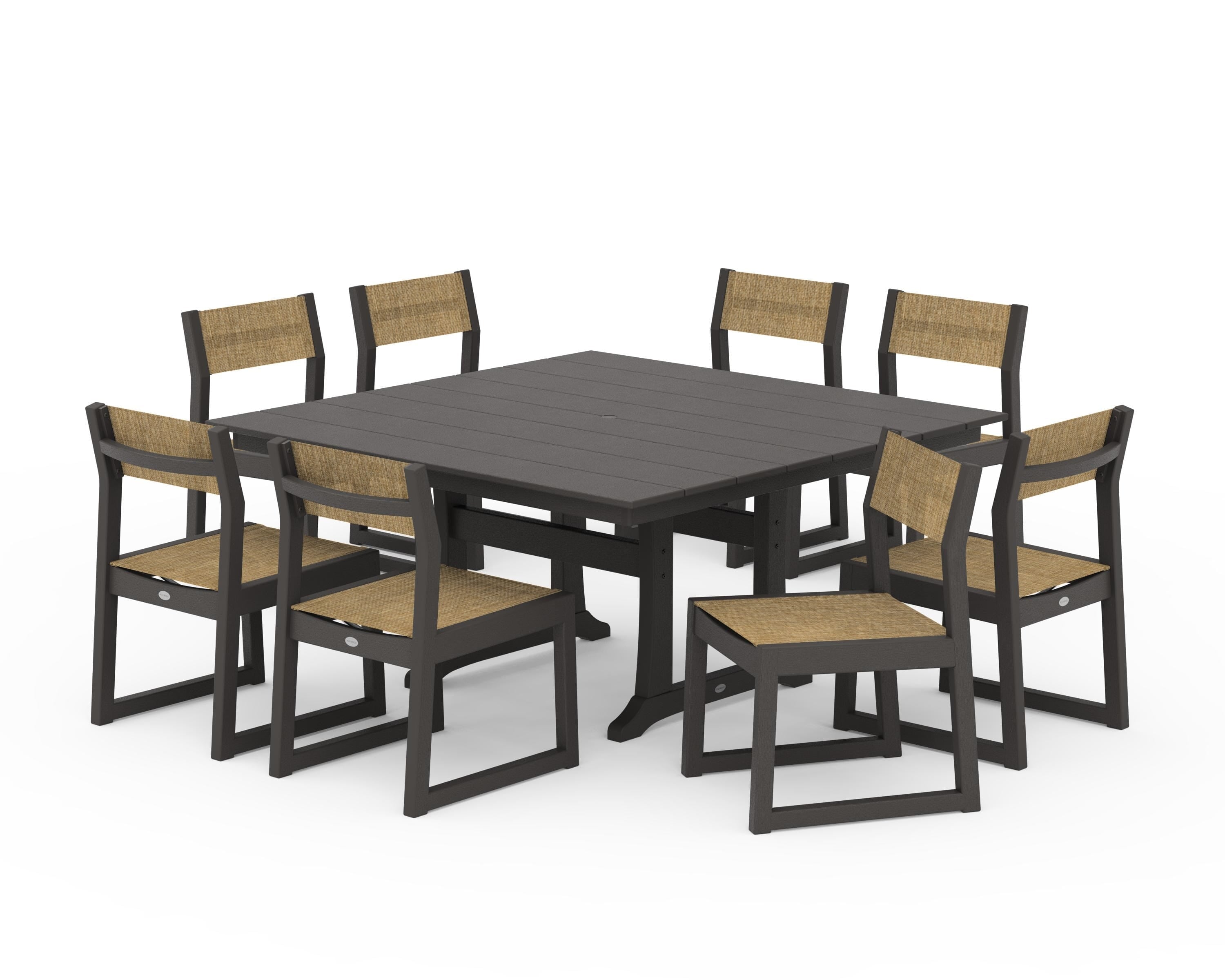 POLYWOOD EDGE Sling Side Chair 9-Piece Farmhouse Trestle Dining Set in Vintage Coffee / Burlap Sling