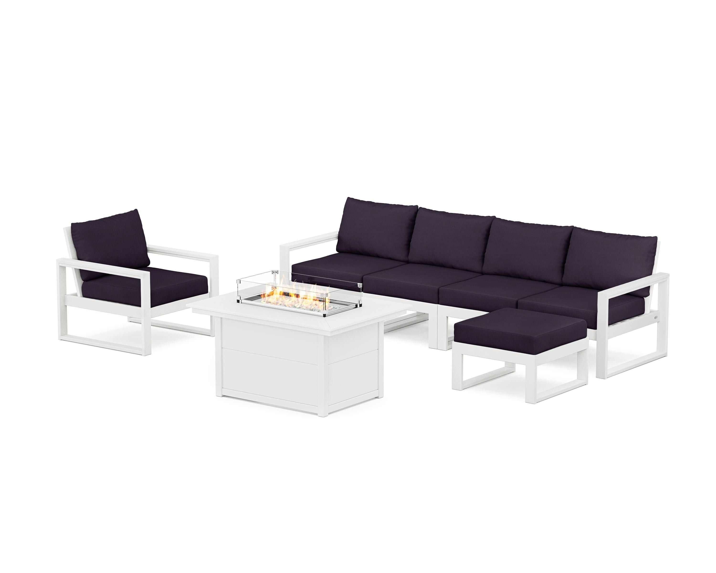 POLYWOOD EDGE Sectional Lounge and Fire Pit Set in White / Navy Linen