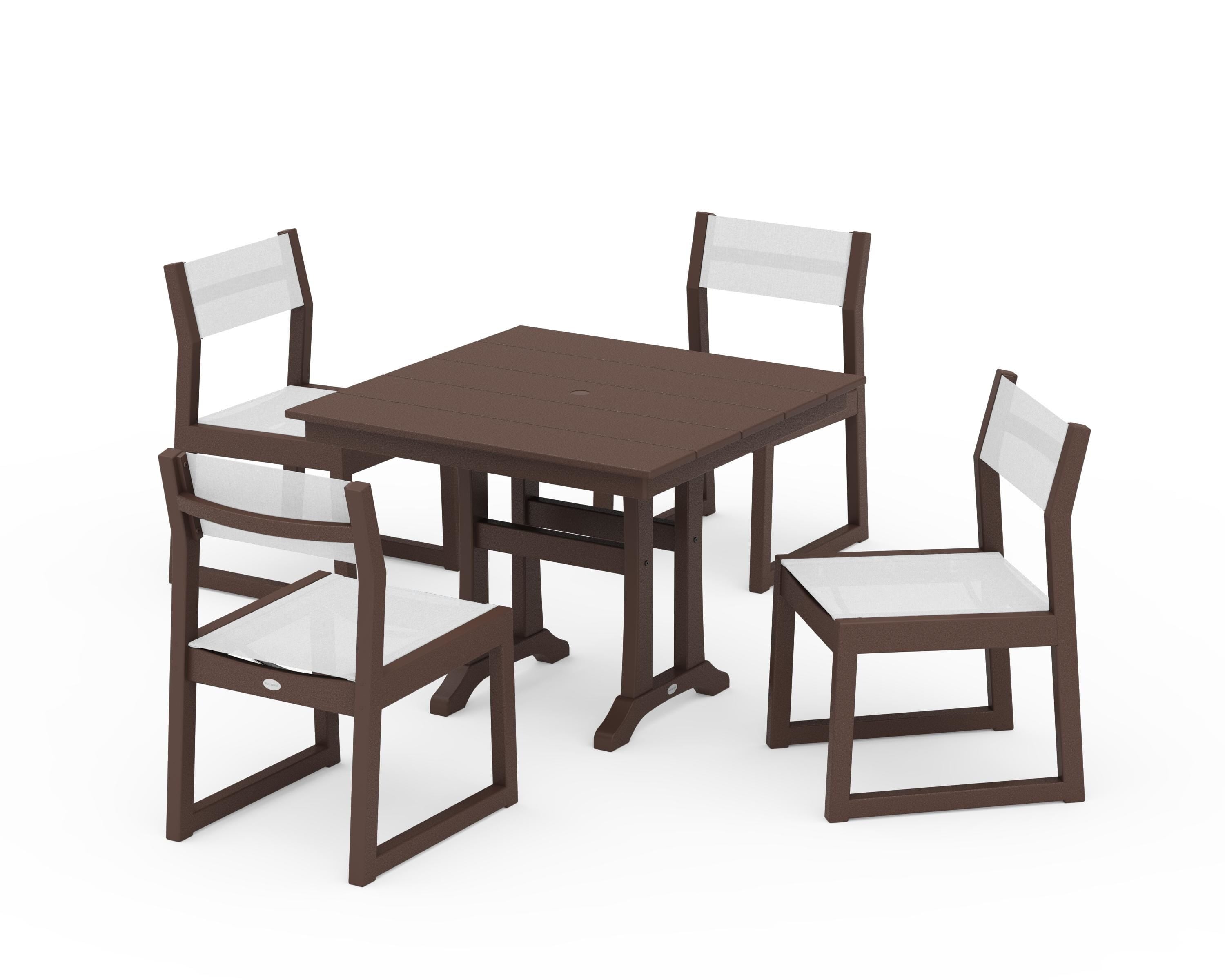 POLYWOOD EDGE Sling 5-Piece Farmhouse Trestle Side Chair Dining Set in Mahogany / White Sling