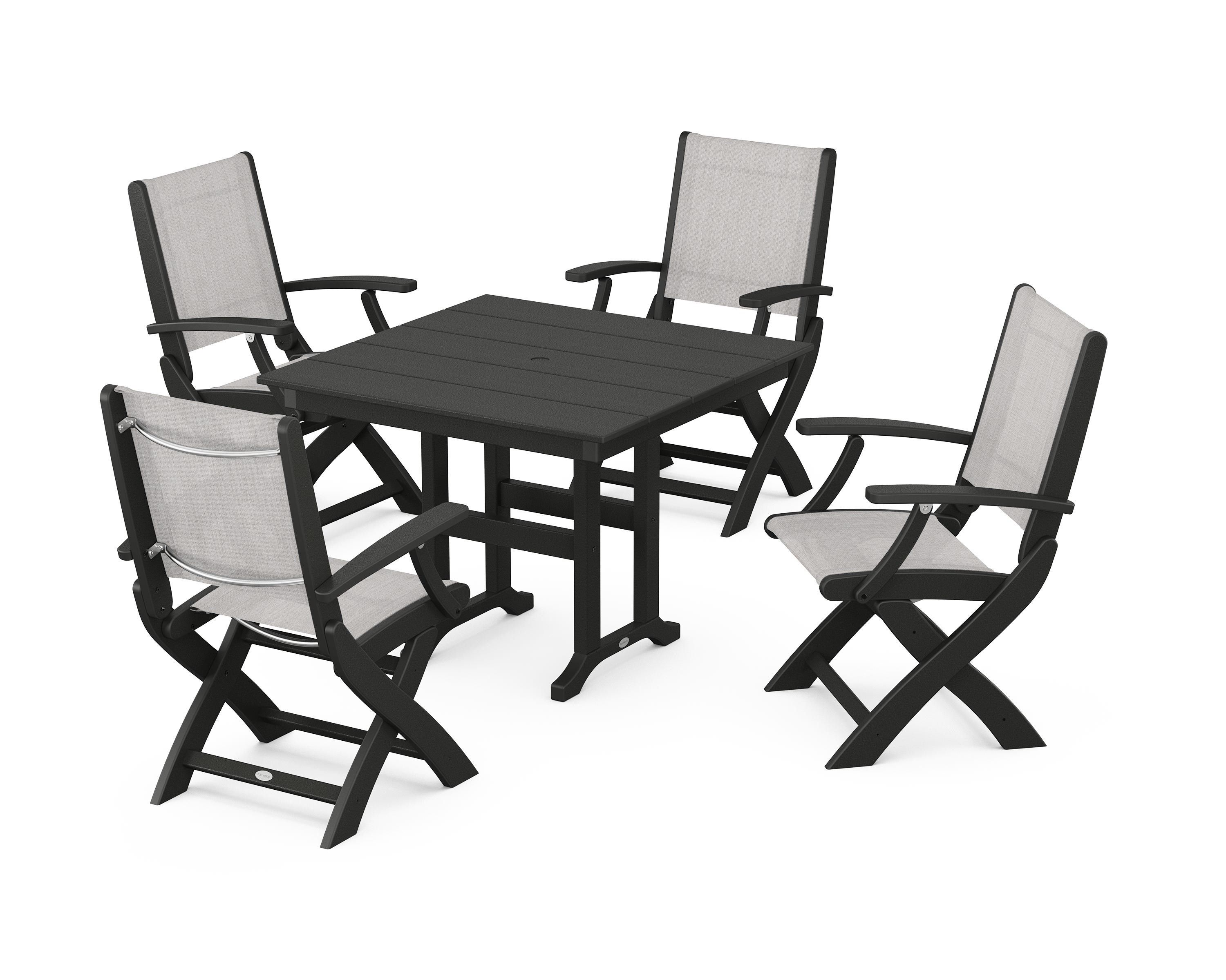 POLYWOOD Coastal Folding Chair 5-Piece Farmhouse Dining Set in Black / Parchment Sling