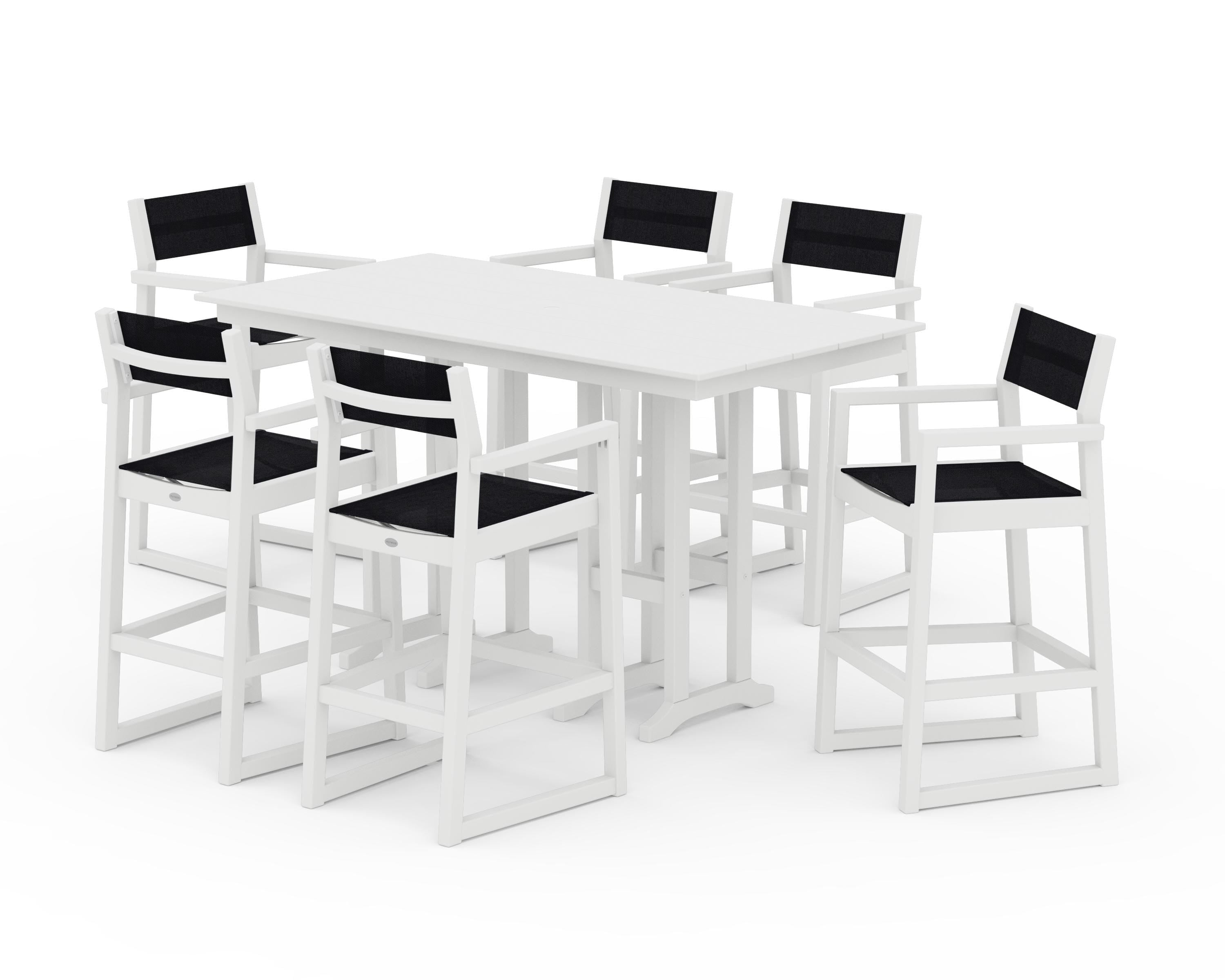 POLYWOOD EDGE Sling Arm Chair 7-Piece Farmhouse Bar Set in White / Black Sling