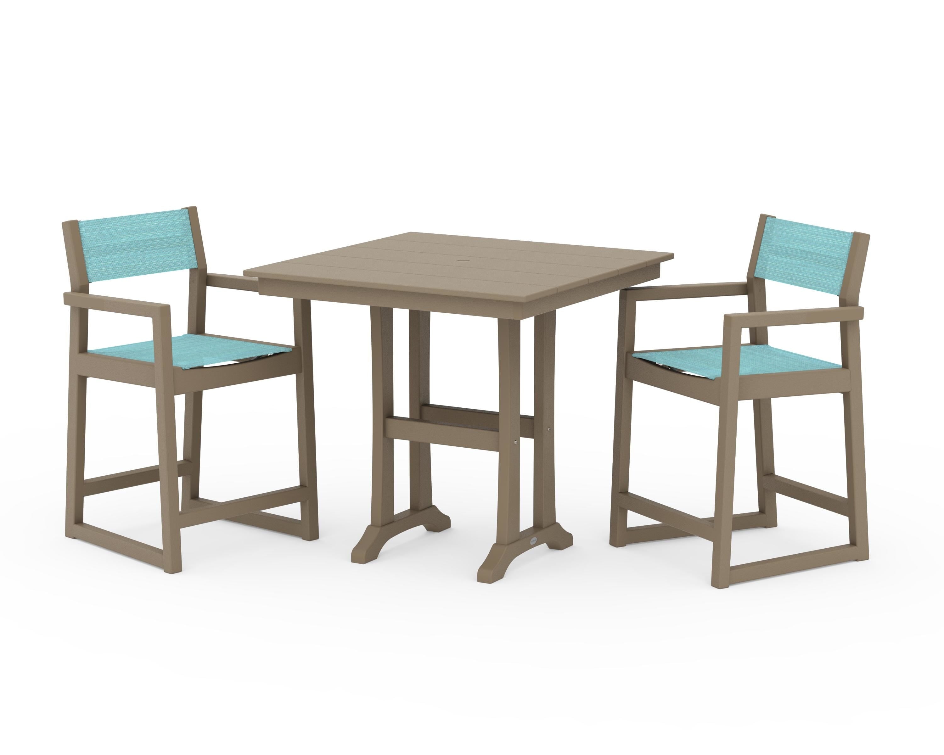 POLYWOOD EDGE Sling Arm Chair 3-Piece Farmhouse Counter Set with Trestle Legs in Vintage Sahara / Dupioni Aquamarine Sling