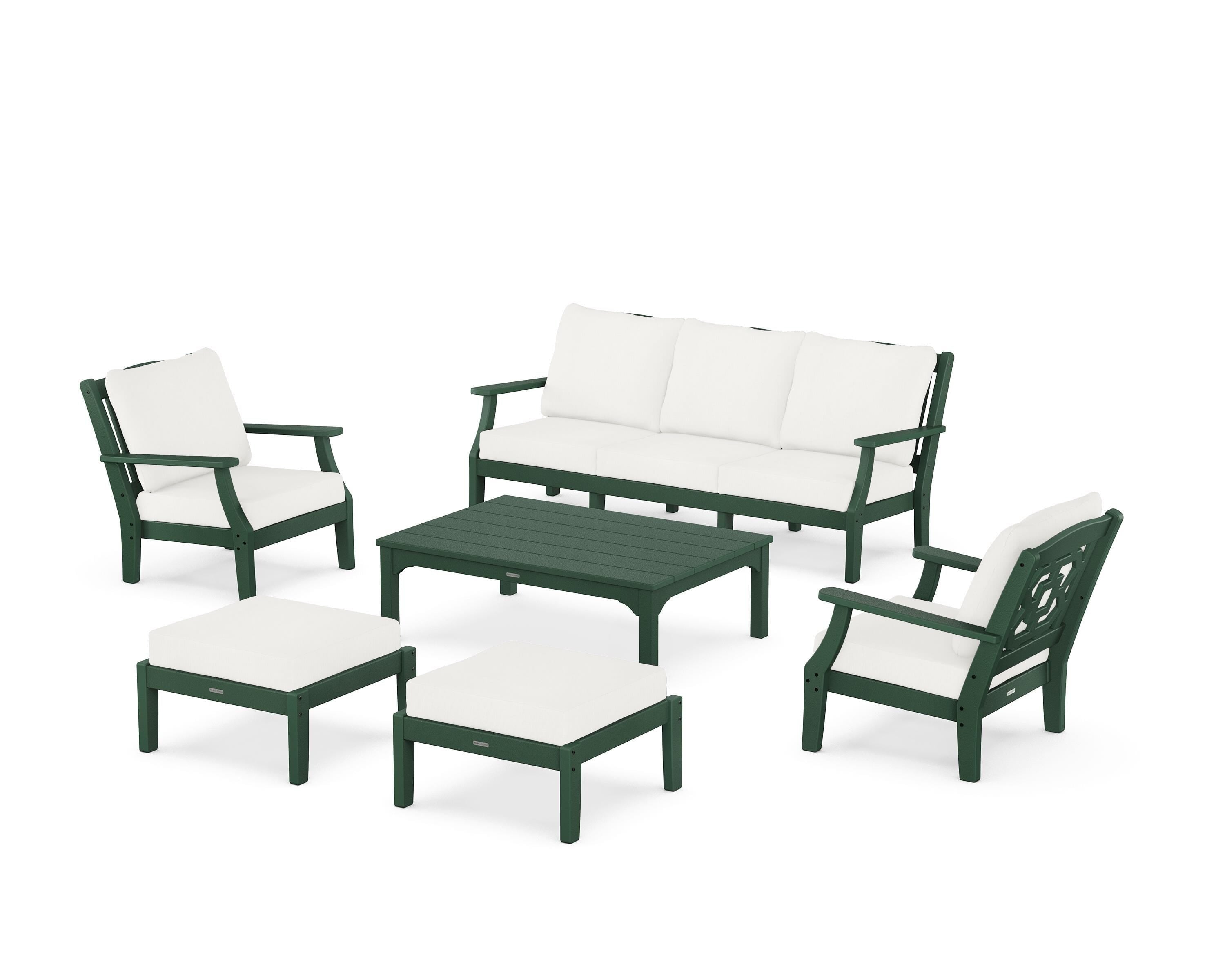 Martha Stewart by POLYWOOD Chinoiserie 6-Piece Lounge Sofa Set in Green / Natural Linen
