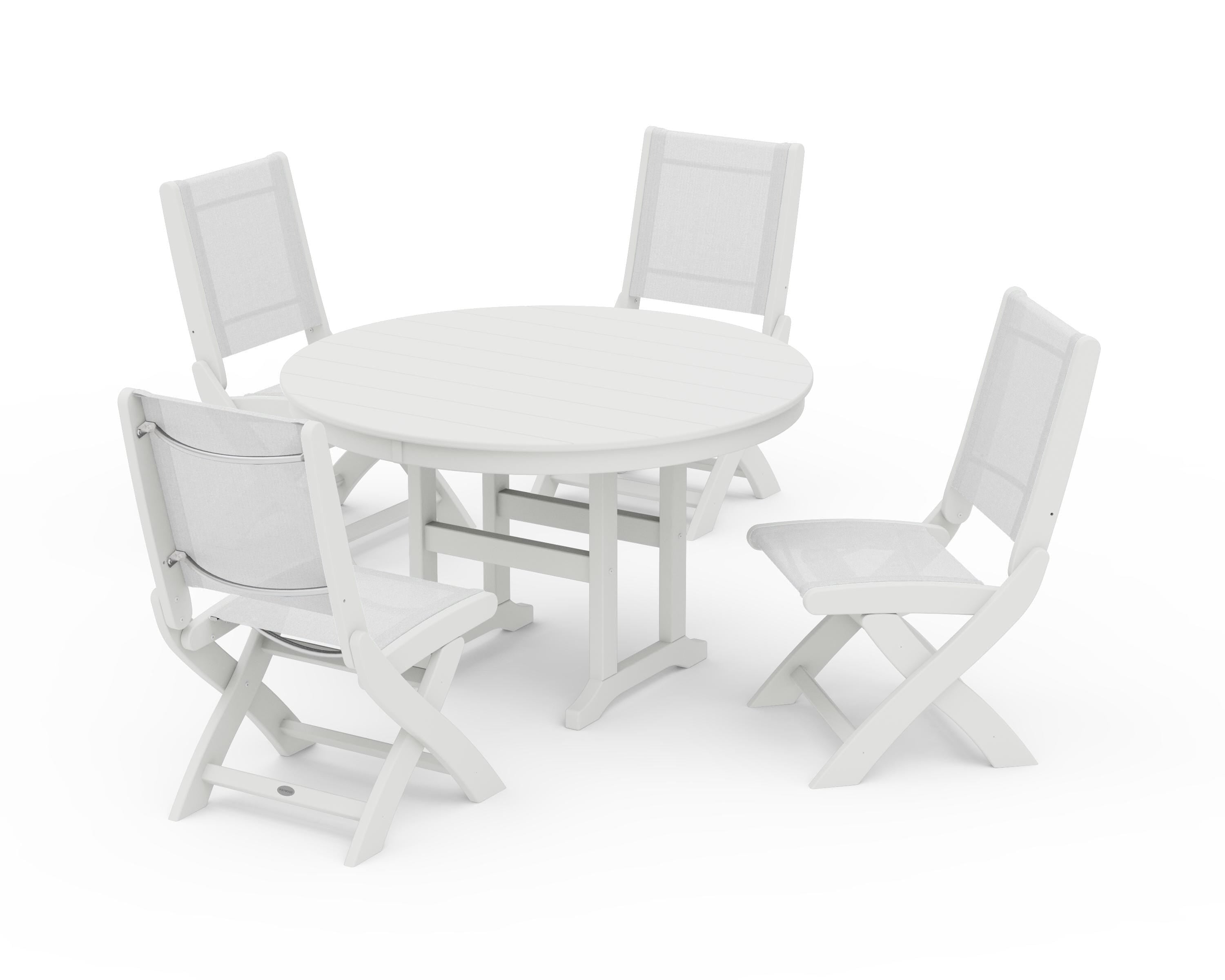 POLYWOOD Coastal Folding Side Chair 5-Piece Round Dining Set in Vintage White / White Sling