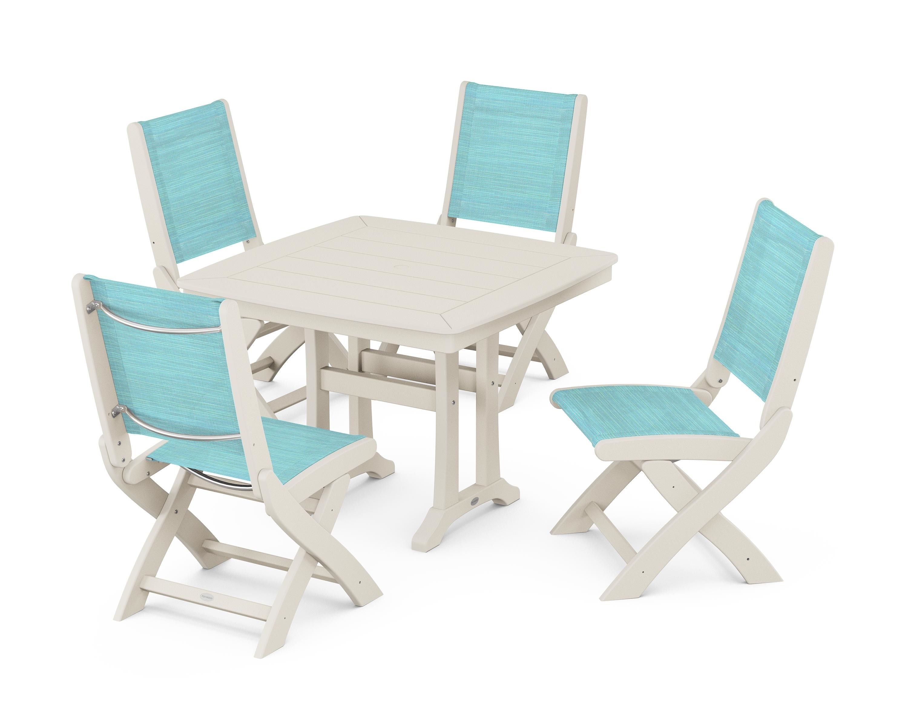 POLYWOOD Coastal Folding Side Chair 5-Piece Dining Set with Trestle Legs in Sand / Dupioni Aquamarine Sling