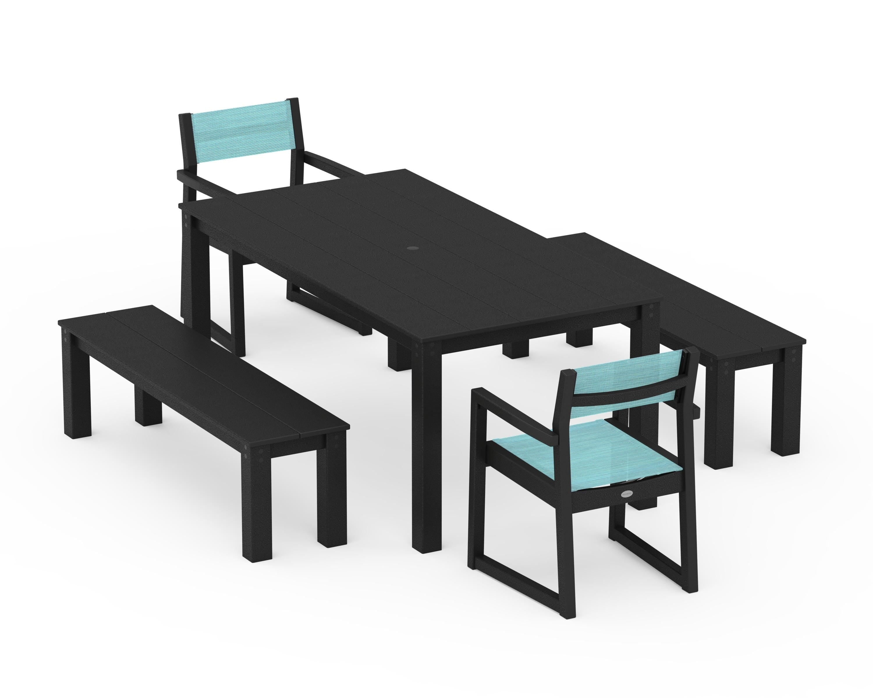 POLYWOOD EDGE Sling Arm Chair 5-Piece Parsons Dining Set with Benches in Black / Dupioni Aquamarine Sling