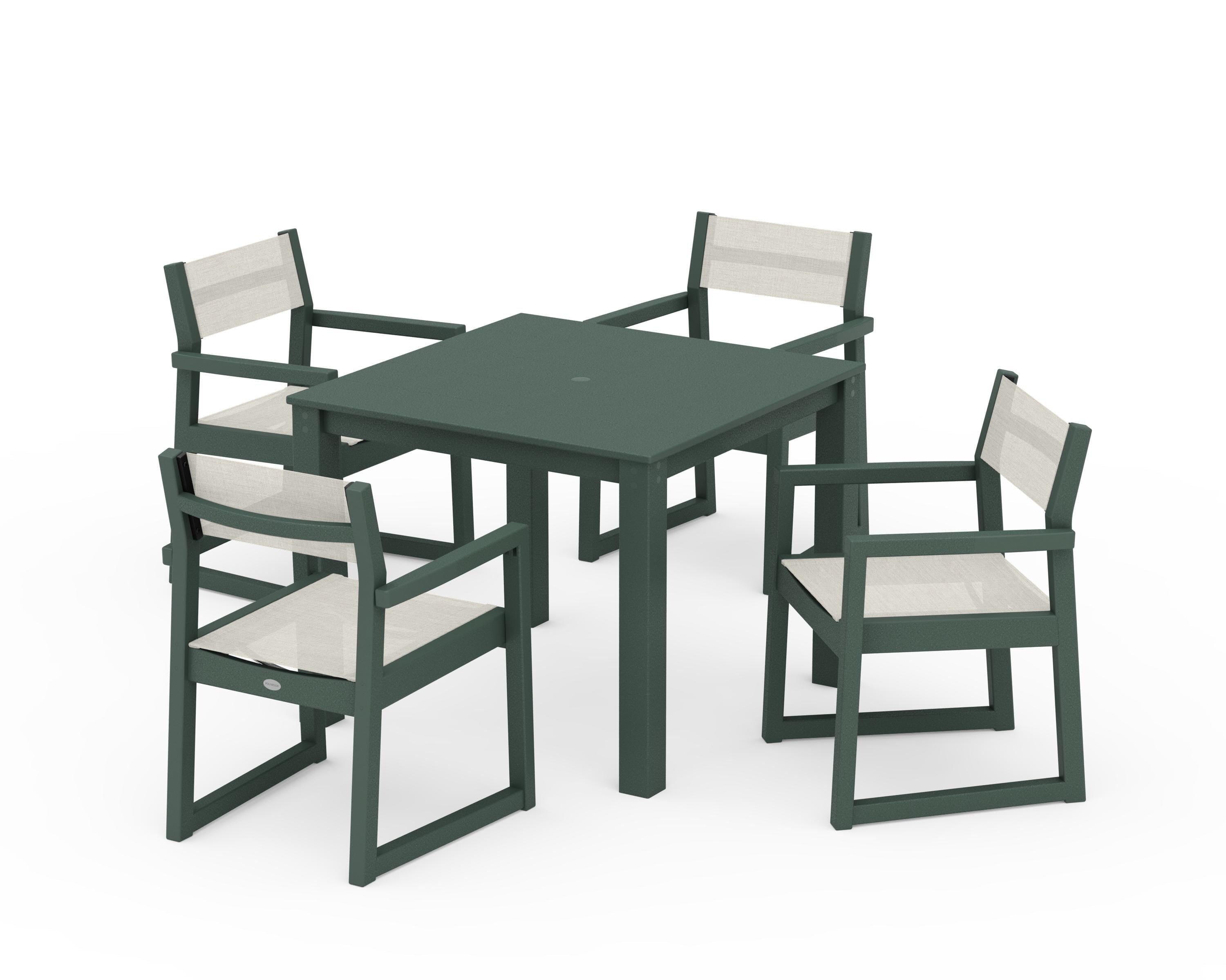 POLYWOOD EDGE Sling Arm Chair 5-Piece Parsons Dining Set in Green / Parchment Sling