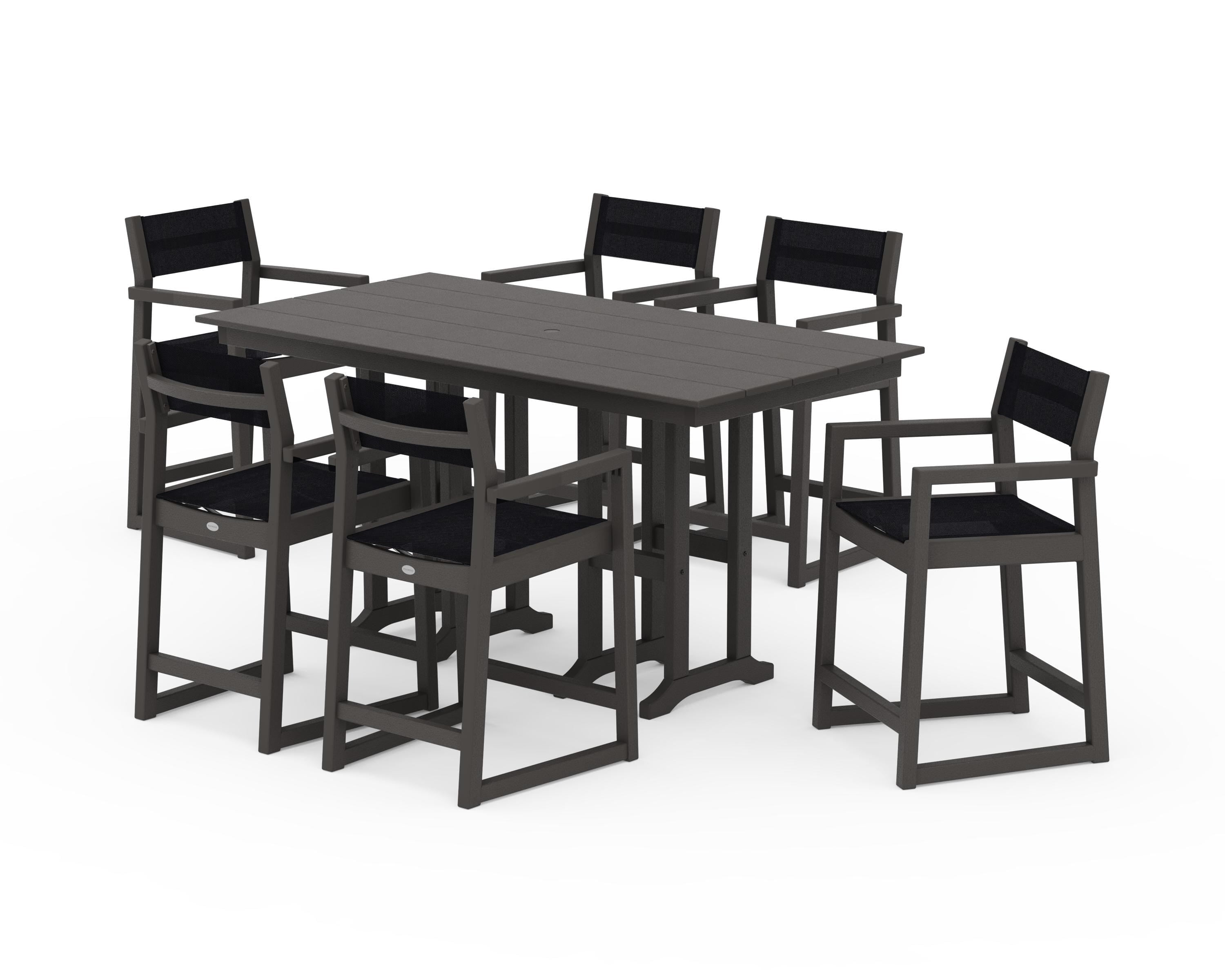 POLYWOOD EDGE Sling Arm Chair 7-Piece Farmhouse Counter Set in Vintage Coffee / Black Sling