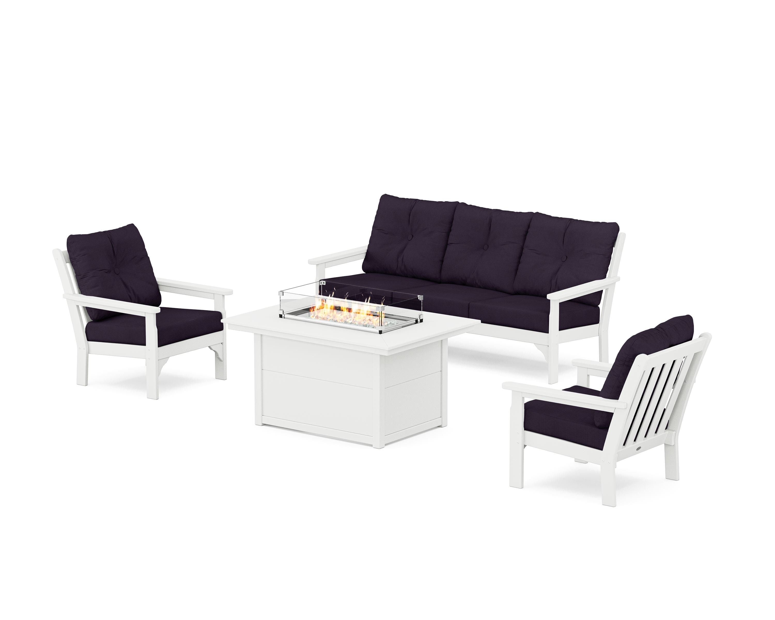 POLYWOOD Vineyard Deep Seating Fire Pit Table Set in White / Navy Linen