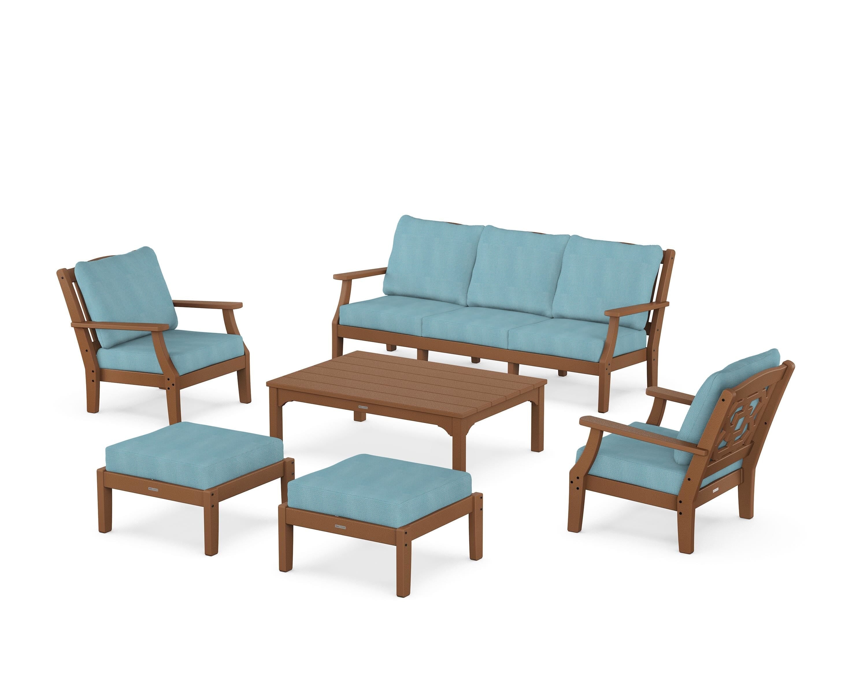 Martha Stewart by POLYWOOD Chinoiserie 6-Piece Lounge Sofa Set in Teak / Lattice Sky Blue