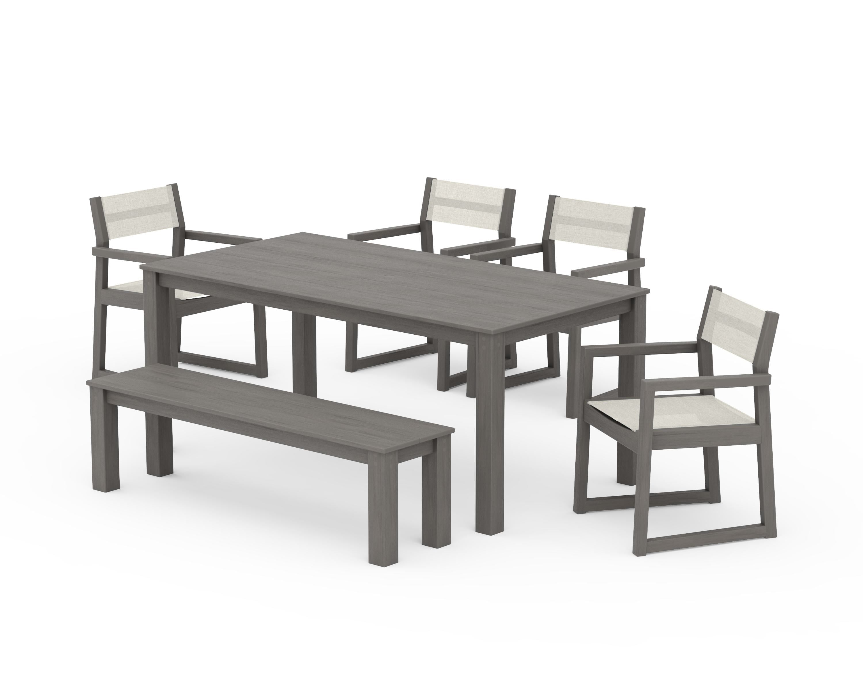 POLYWOOD EDGE Sling Arm Chair 6-Piece Parsons Dining Set with Bench in Driftwood / Parchment Sling