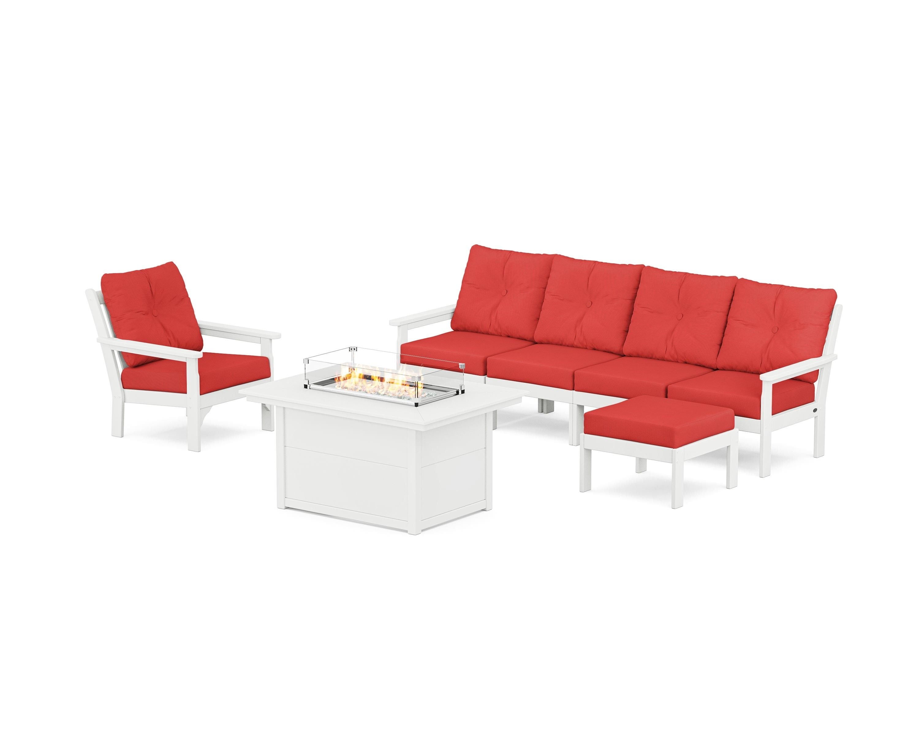 POLYWOOD Vineyard Sectional Lounge and Fire Pit Set in White / Crimson Linen