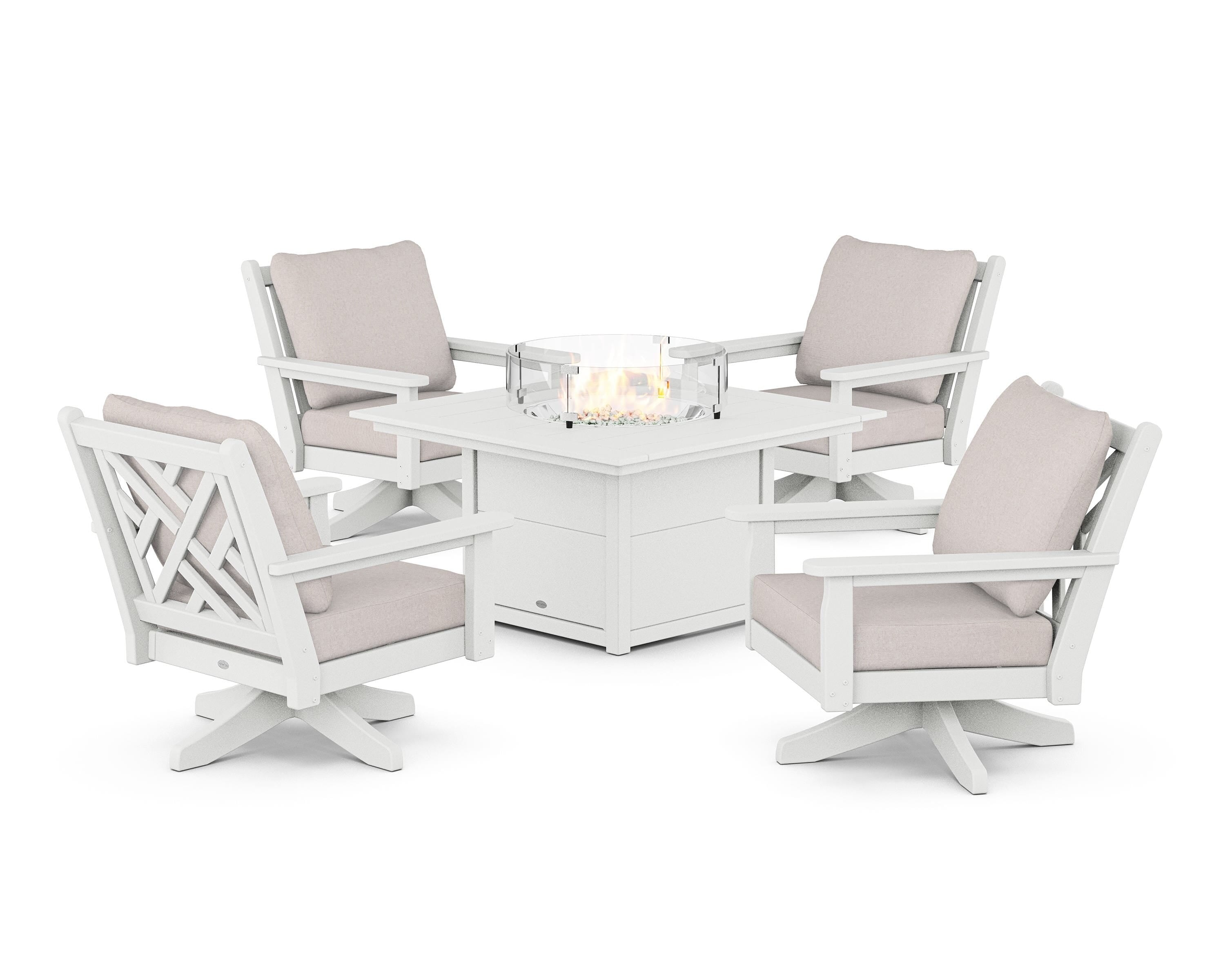 POLYWOOD Chippendale 5-Piece Deep Seating Swivel Conversation Set with Fire Pit Table in White / Dune Burlap