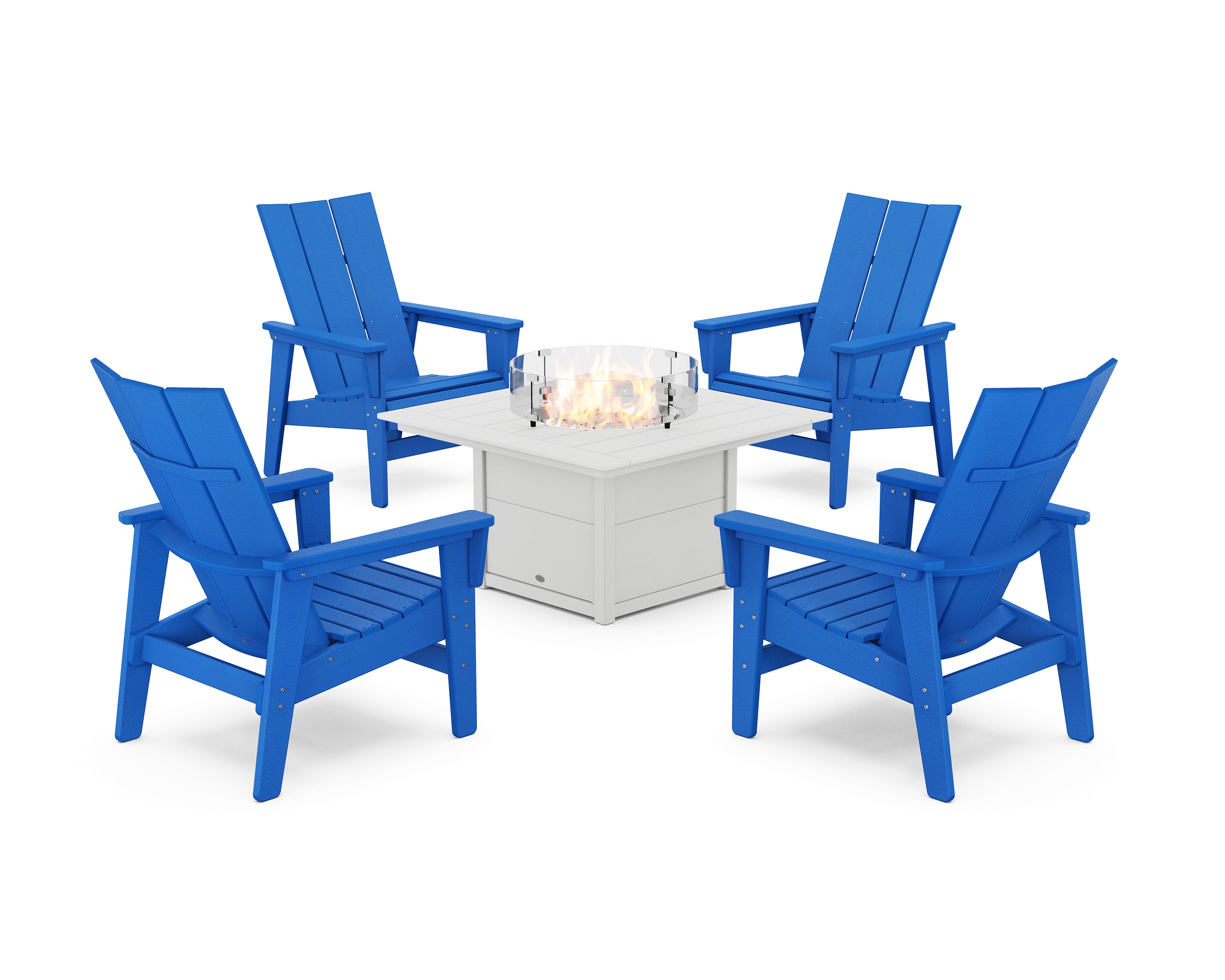 POLYWOOD® 5-Piece Modern Grand Upright Adirondack Conversation Set with Fire Pit Table in Pacific Blue / White