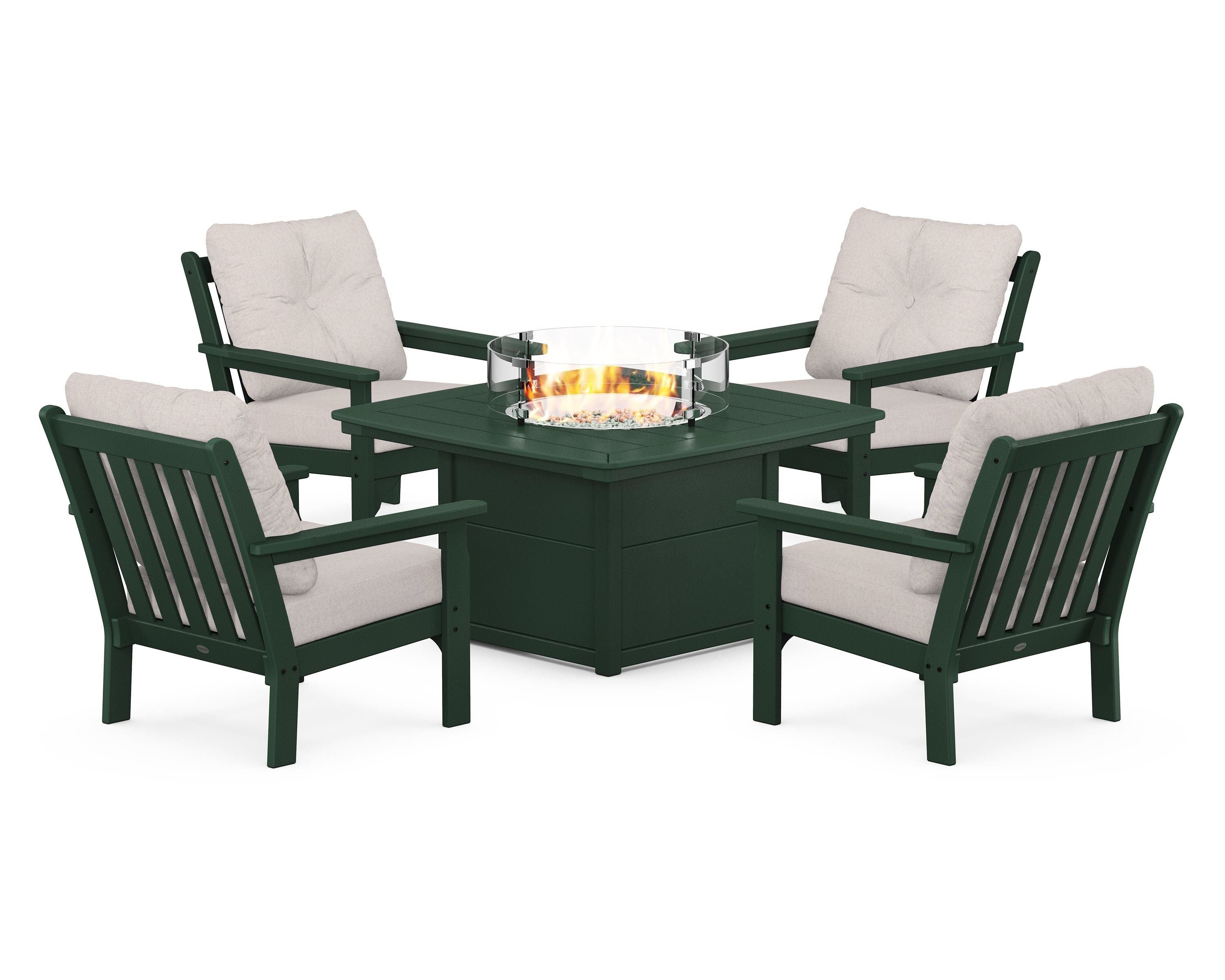 POLYWOOD Vineyard 5-Piece Conversation Set with Fire Pit Table in Green / Dune Burlap