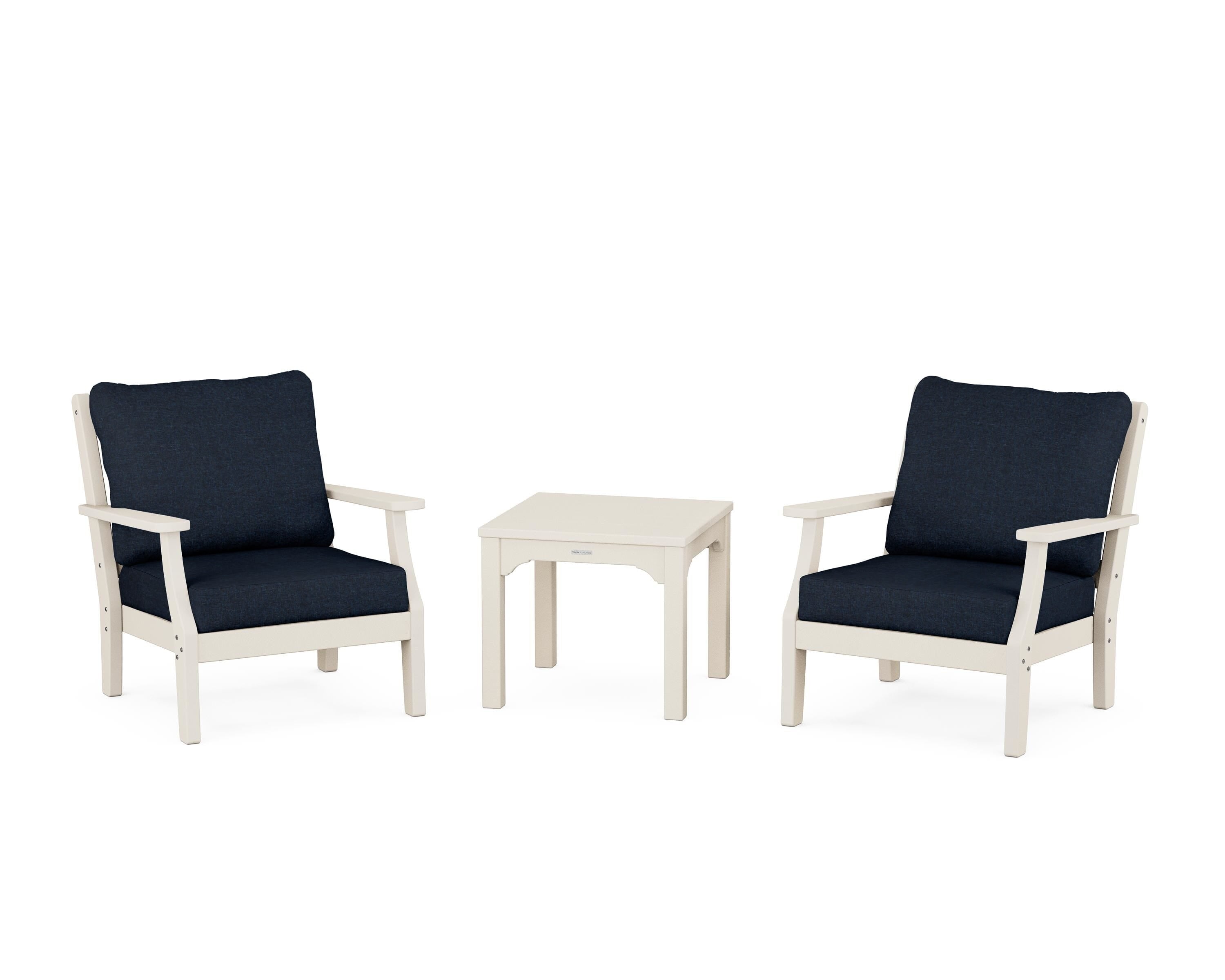 Martha Stewart by POLYWOOD Chinoiserie 3-Piece Deep Seating Set in Sand / Marine Indigo