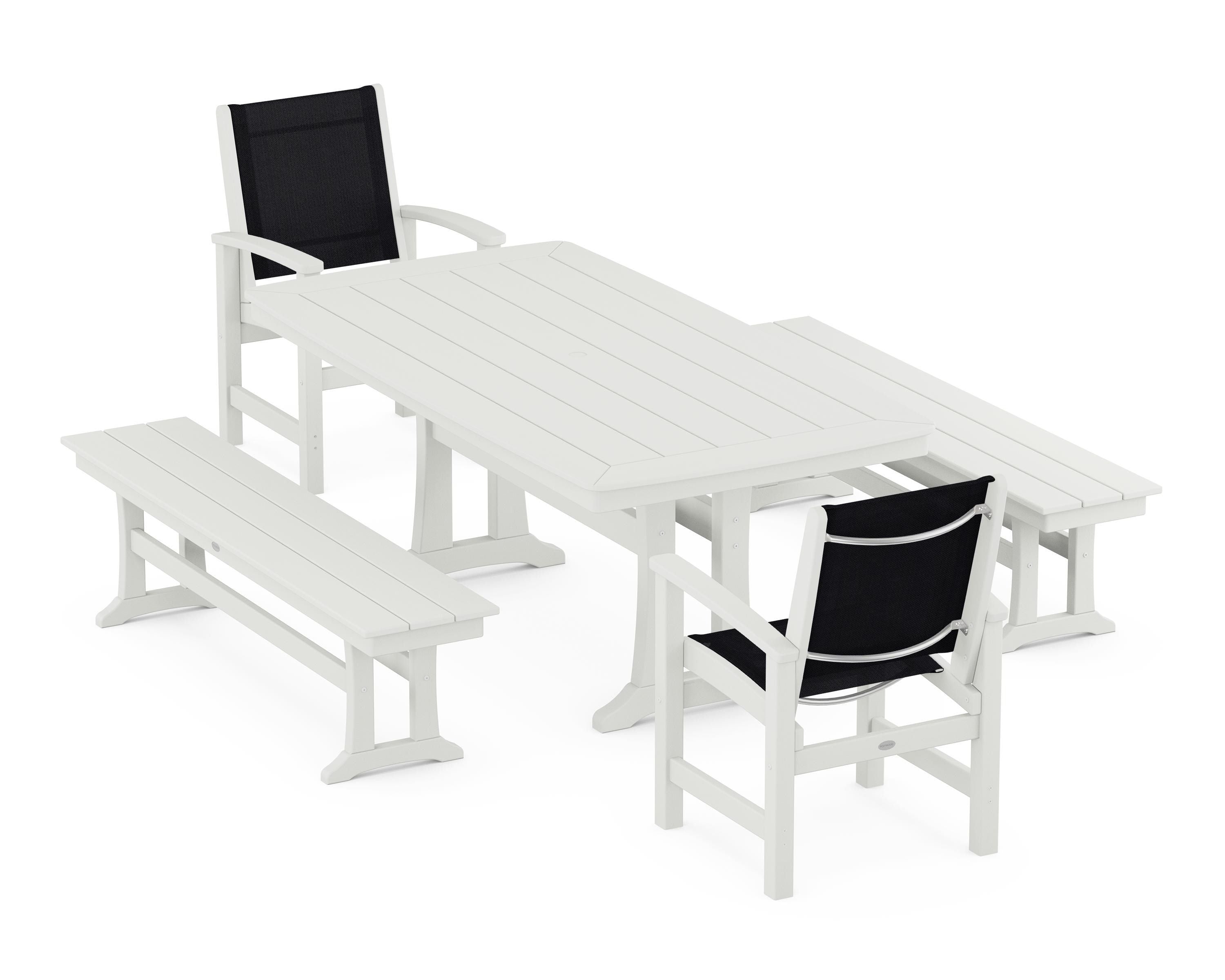 POLYWOOD Coastal 5-Piece Dining Set with Trestle Legs and Benches in Vintage White / Black Sling