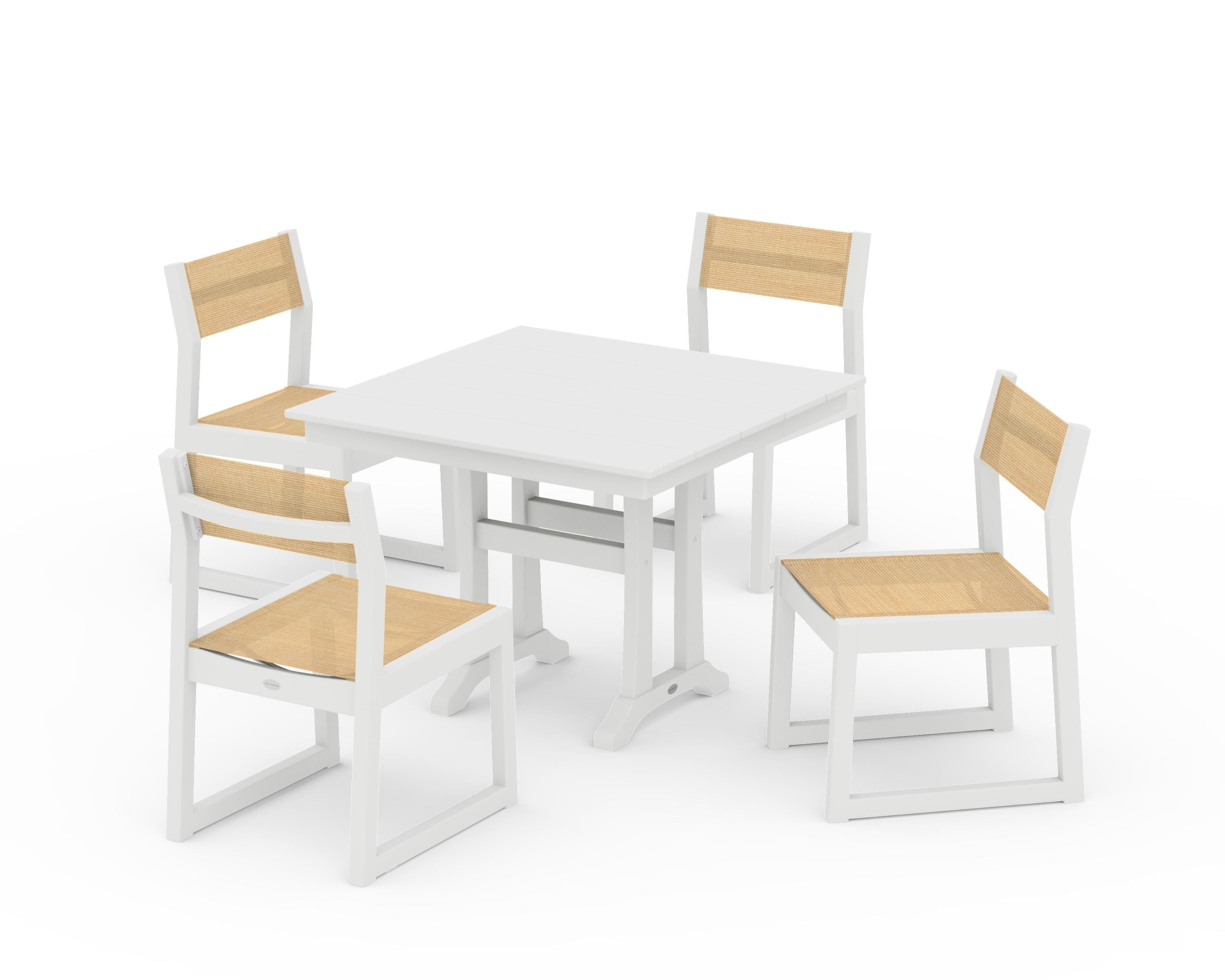 POLYWOOD EDGE Sling 5-Piece Farmhouse Trestle Side Chair Dining Set in White / Dupioni Apricot Sling