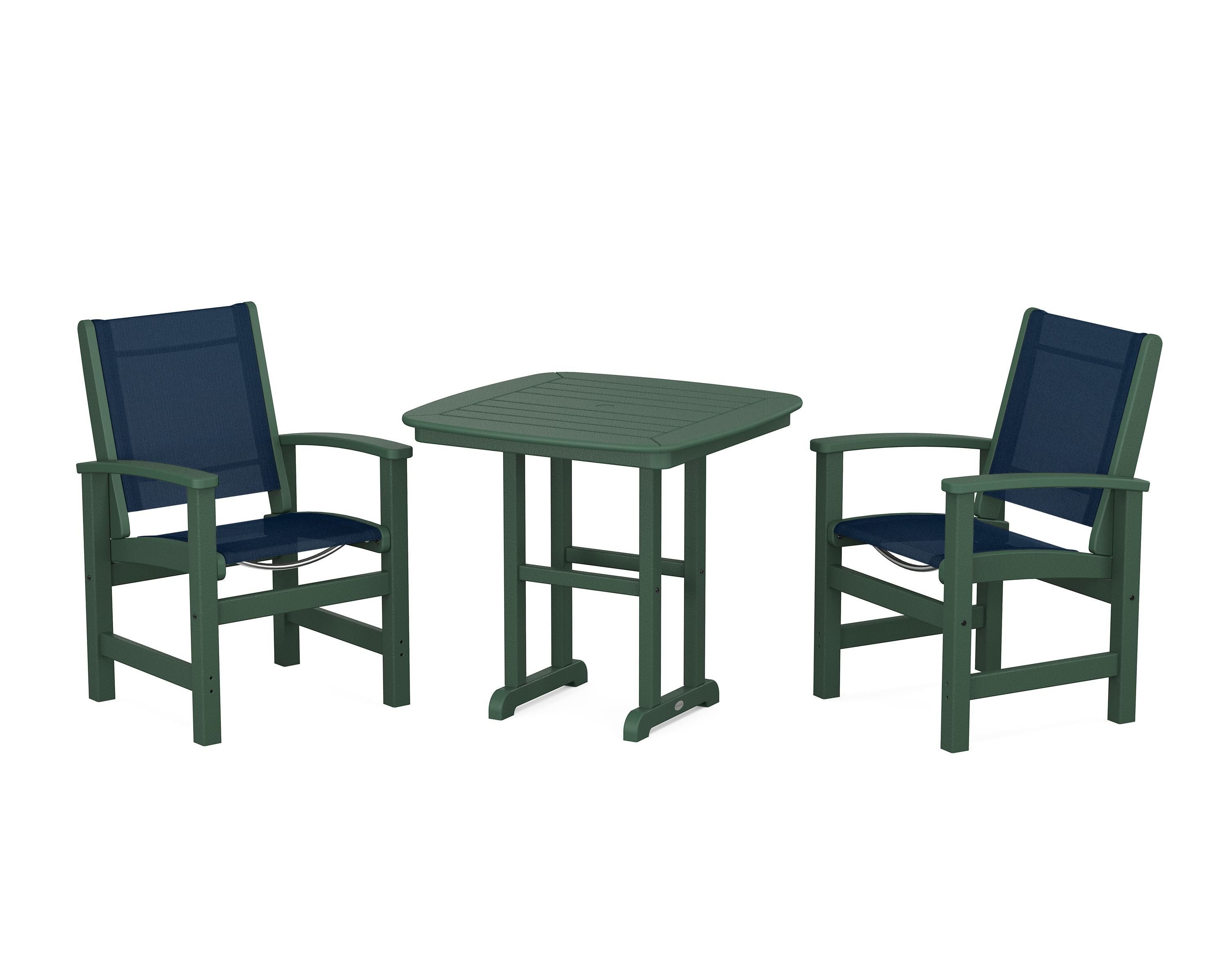 POLYWOOD Coastal 3-Piece Dining Set in Green / Navy Blue Sling