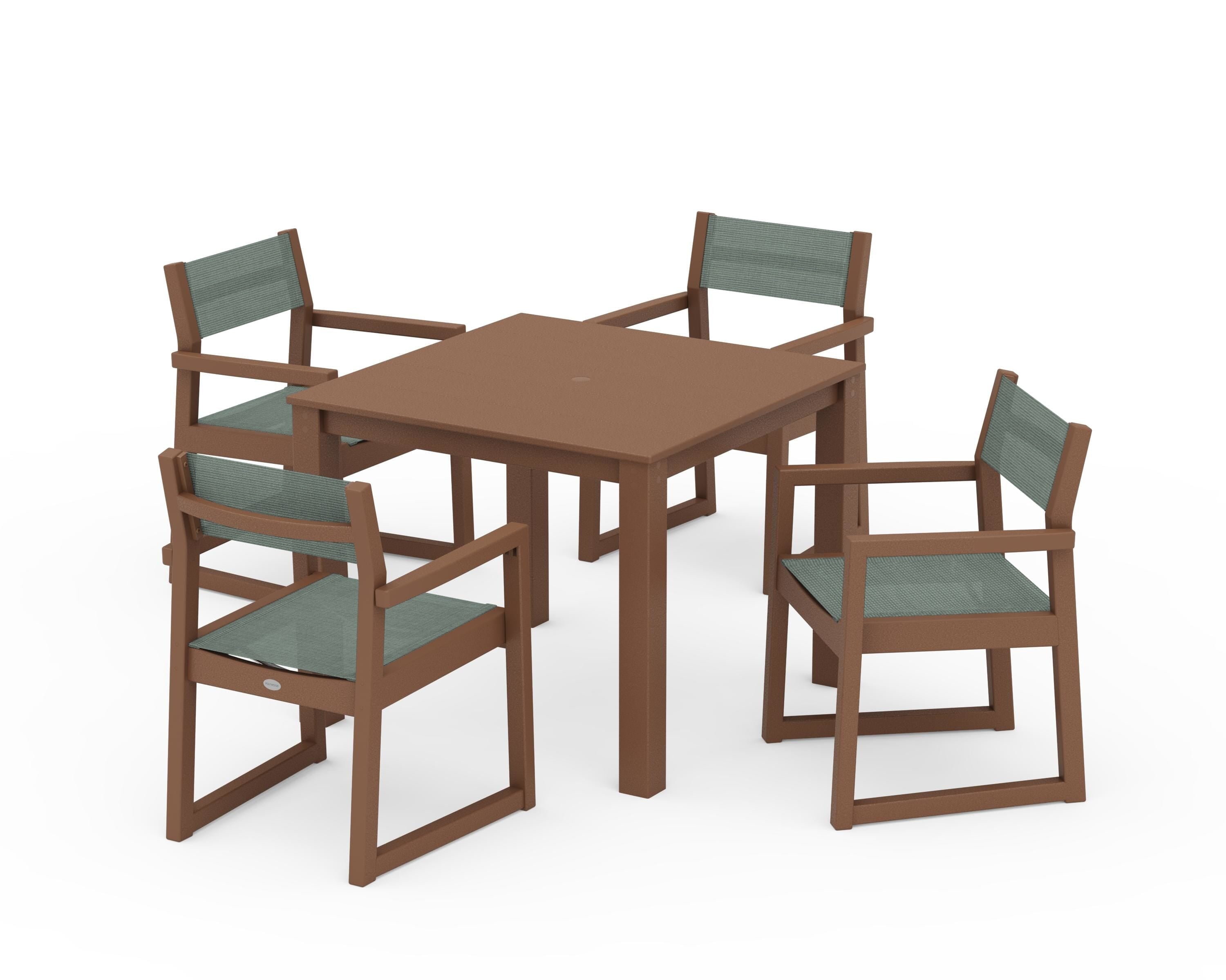 POLYWOOD EDGE Sling Arm Chair 5-Piece Parsons Dining Set in Teak / Dupioni Sea Mist Sling