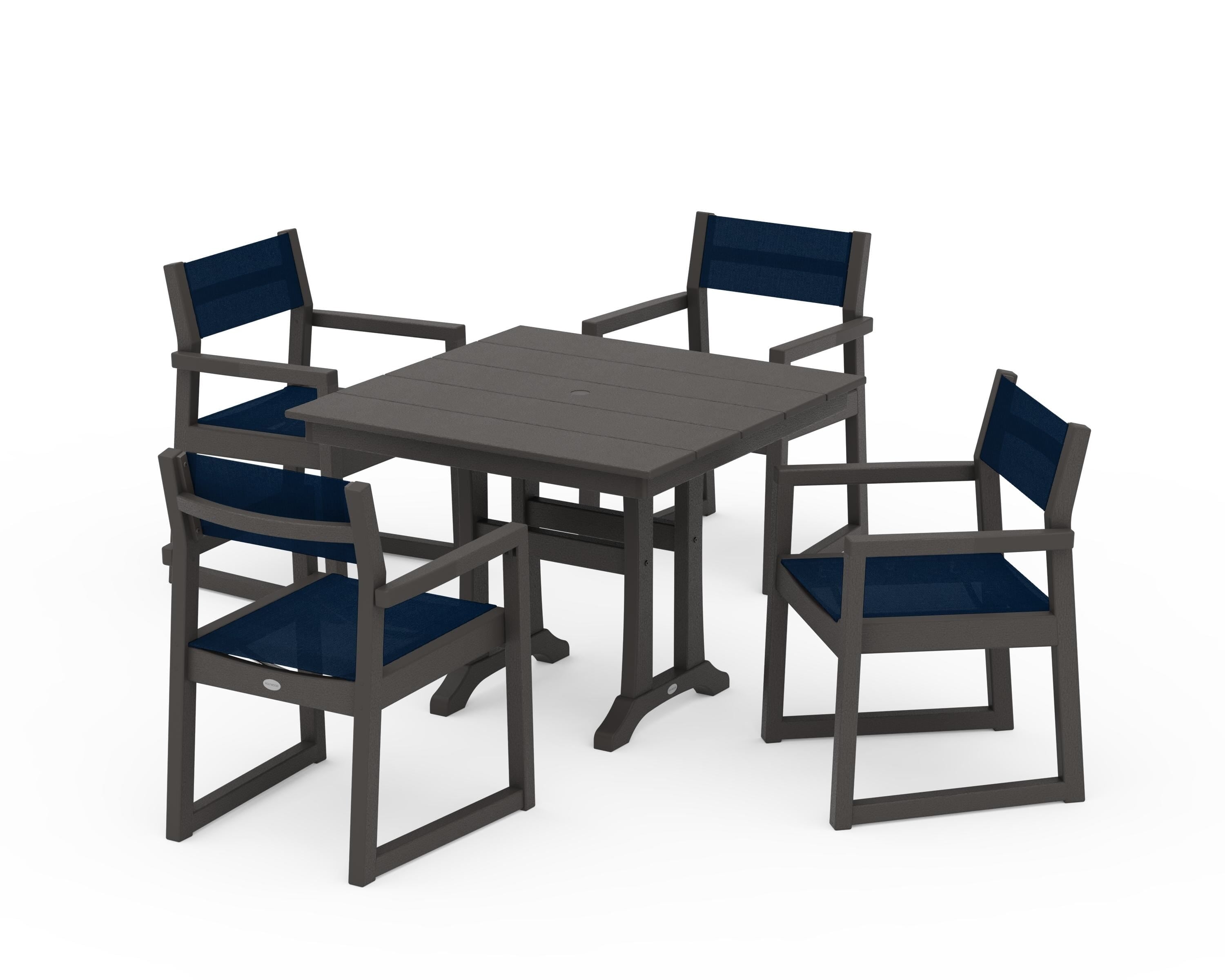 POLYWOOD EDGE Sling 5-Piece Farmhouse Dining Set with Trestle Legs in Vintage Coffee / Navy Blue Sling